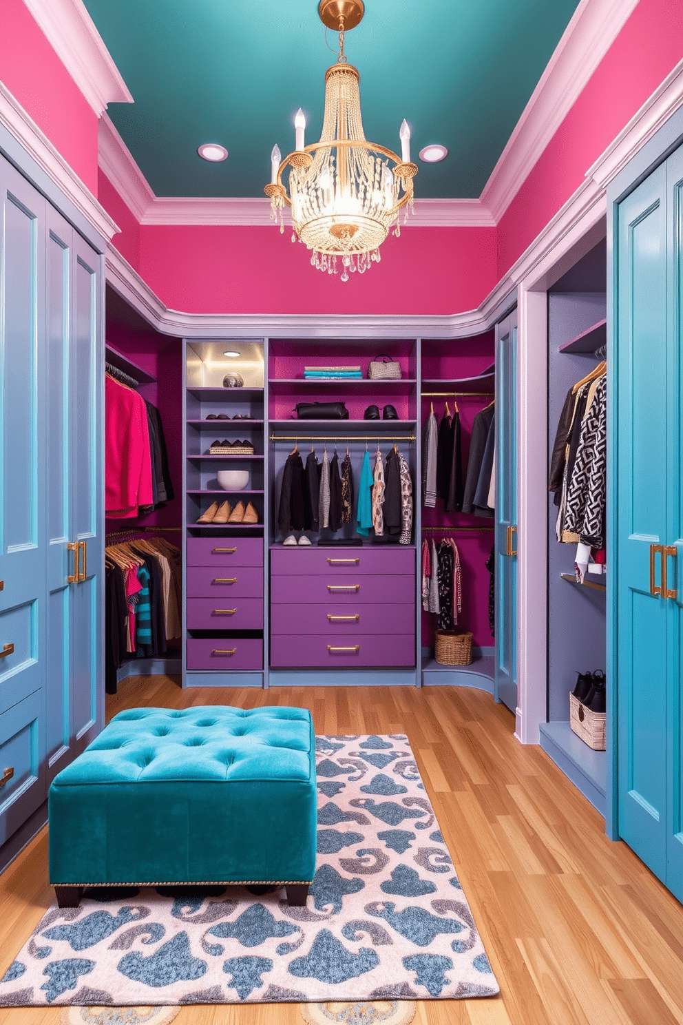 A women's walk-in closet designed with bold color accents features vibrant pink and teal walls that create a lively atmosphere. The space includes custom shelving and hanging areas, with gold hardware adding a touch of luxury and personality. A plush area rug in a geometric pattern anchors the room, while a stylish ottoman provides seating for dressing. Statement lighting fixtures, such as a chic chandelier, illuminate the space, enhancing its vibrant and inviting feel.