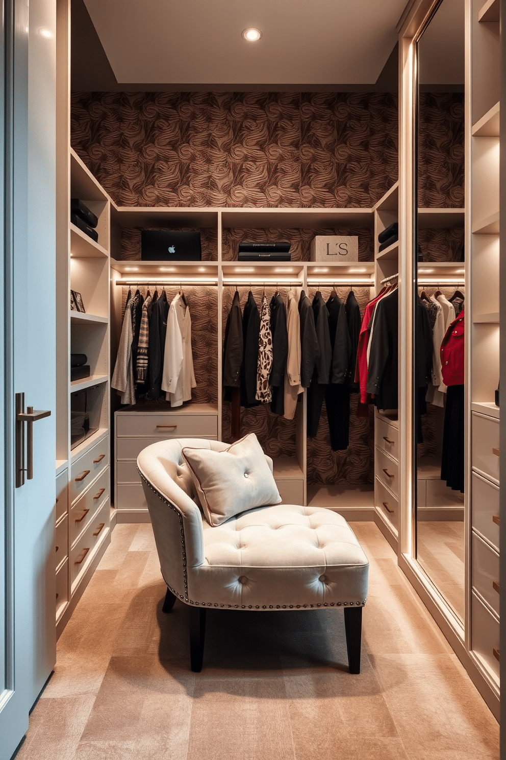 A luxurious women's walk-in closet featuring textured wallpaper that adds depth and sophistication to the space. The closet is designed with elegant shelving, a plush seating area, and a large mirror, creating a stylish and functional environment for organizing clothing and accessories.