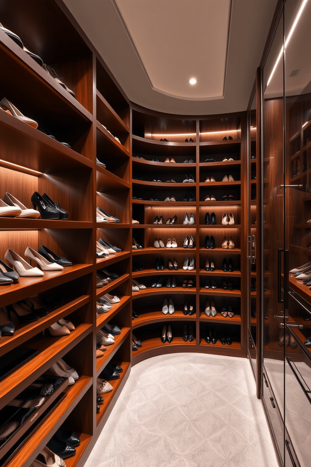 A luxurious women's walk-in closet featuring multi-tiered shoe shelves for optimal storage. The shelves are crafted from rich mahogany, elegantly displaying a variety of designer shoes, while the walls are adorned with soft, ambient lighting that enhances the overall sophistication of the space.