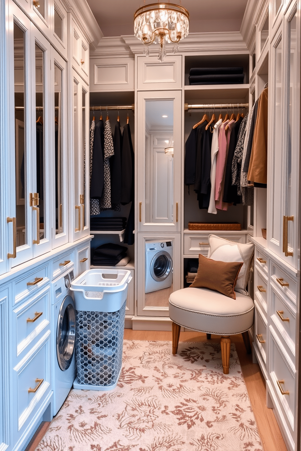 A luxurious women's walk-in closet featuring an integrated laundry basket for convenience. The space is adorned with custom cabinetry in a soft white finish, complemented by elegant gold hardware and a plush area rug underfoot. Ample hanging space is provided, with both short and long sections to accommodate various clothing items. A full-length mirror is strategically placed, while a cozy seating area invites relaxation amidst the organized beauty.