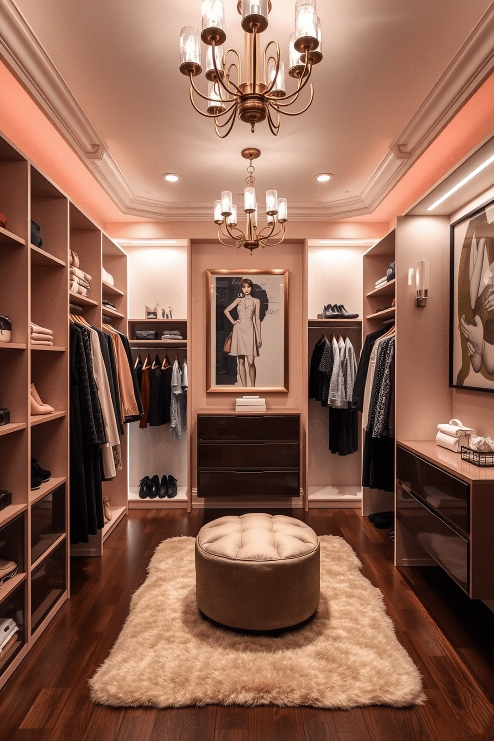 A luxurious women's walk-in closet featuring custom shelving and hanging spaces, adorned with elegant lighting fixtures that enhance the ambiance. The walls are painted in a soft blush hue, and a plush area rug sits in the center, providing comfort underfoot. Artwork is strategically placed on the walls, including framed fashion illustrations and abstract pieces that reflect personal style. A chic ottoman in the corner offers a place to sit while selecting outfits, completing the sophisticated design.