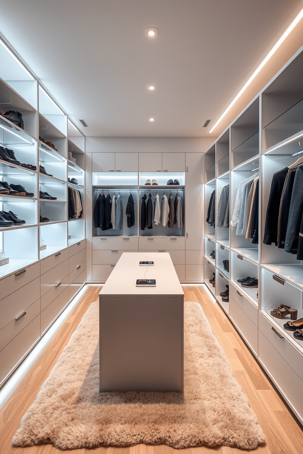 A modern walk-in closet designed with smart technology features, including automated shelving that adjusts to user preferences. The space is illuminated with LED strip lighting, and sleek, minimalist cabinetry offers ample storage while maintaining a clutter-free appearance. Incorporate a central island with built-in charging stations for devices, surrounded by elegant shoe displays and hanging racks. The walls are adorned with a soft, neutral palette, complemented by a plush area rug that adds warmth to the sophisticated environment.