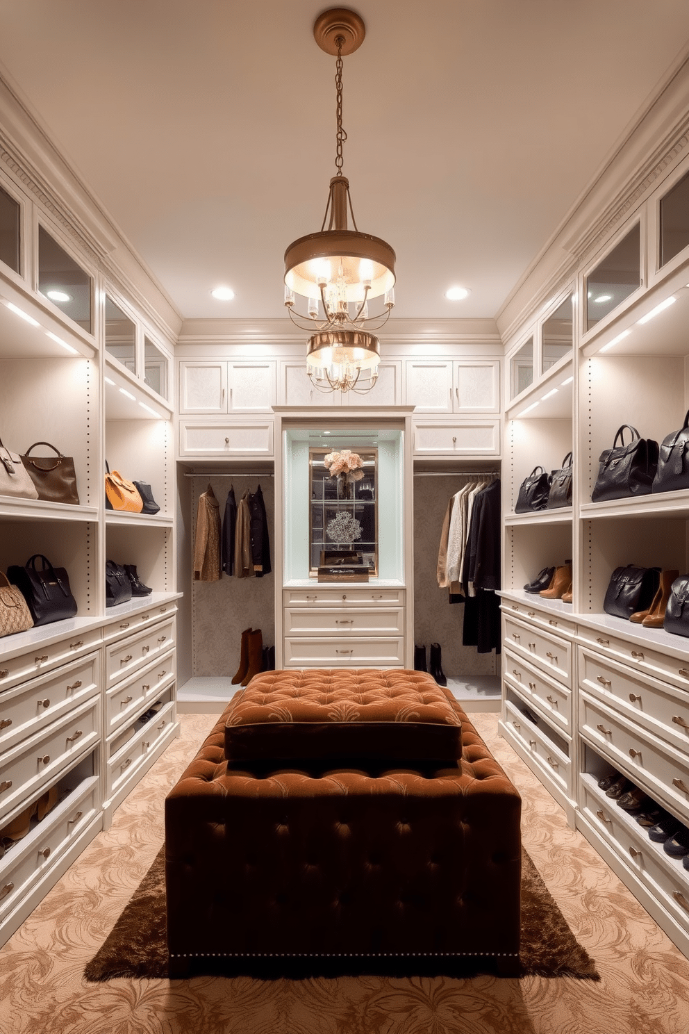 A luxurious women's walk-in closet featuring built-in drawers for organized storage. The space is illuminated by elegant pendant lights, and the walls are adorned with soft gray wallpaper, creating a serene atmosphere. The center of the closet showcases a plush ottoman, perfect for seating while selecting outfits. Shelves are neatly lined with designer handbags and shoes, adding a touch of sophistication to the overall design.