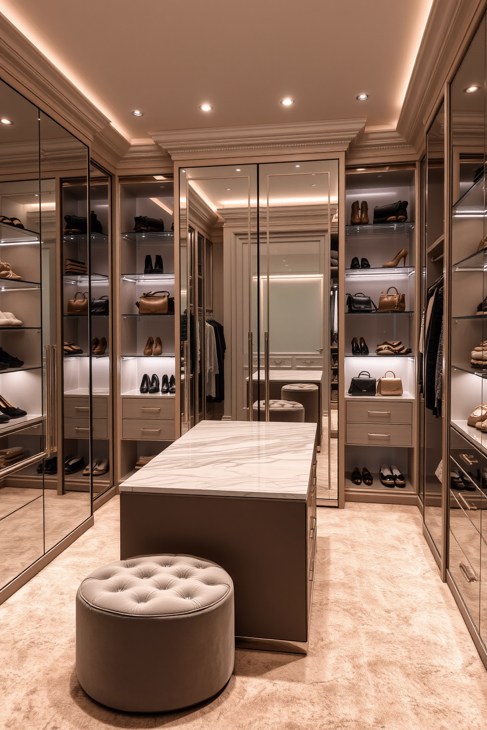 A luxurious women's walk-in closet featuring mirrored doors that reflect light and create an illusion of a larger space. The room is adorned with elegant shelving units, plush carpeting, and a central island with a marble top for displaying accessories. Soft, ambient lighting highlights the organized sections for shoes, handbags, and clothing, while a stylish ottoman provides a comfortable seating area. The color palette combines soft pastels with metallic accents, creating a sophisticated and inviting atmosphere.