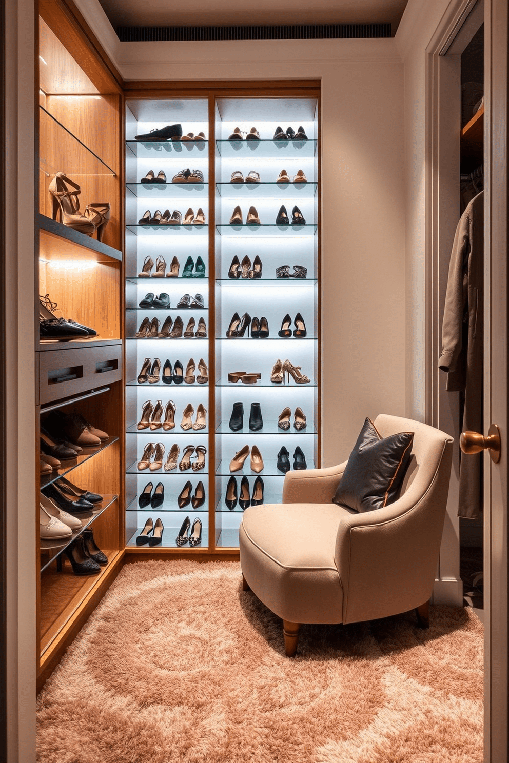 A chic women's walk-in closet featuring an elegant shoe rack that showcases a variety of stylish footwear. The shoe rack is crafted from sleek wood with glass shelving, allowing for an organized and visually appealing display. Soft ambient lighting illuminates the space, highlighting the rich textures of the plush carpet and the luxurious fabric of the upholstered seating area. The walls are adorned with a soft pastel hue, creating a serene atmosphere perfect for a personal dressing space.