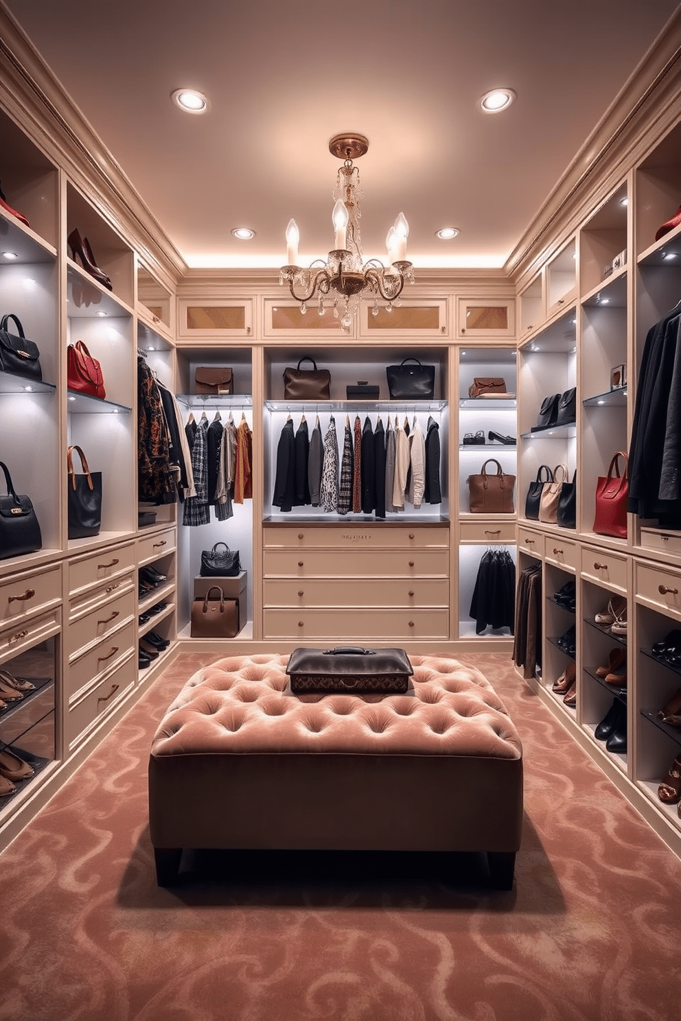 A luxurious women's walk-in closet featuring velvet hangers that add a touch of sophistication. The space is illuminated by soft lighting, highlighting the rich textures of the plush carpet and elegant shelving. The closet is organized with a mix of open and closed storage, showcasing an array of designer handbags and shoes. A stylish ottoman sits in the center, providing a comfortable spot to sit while choosing the perfect outfit.