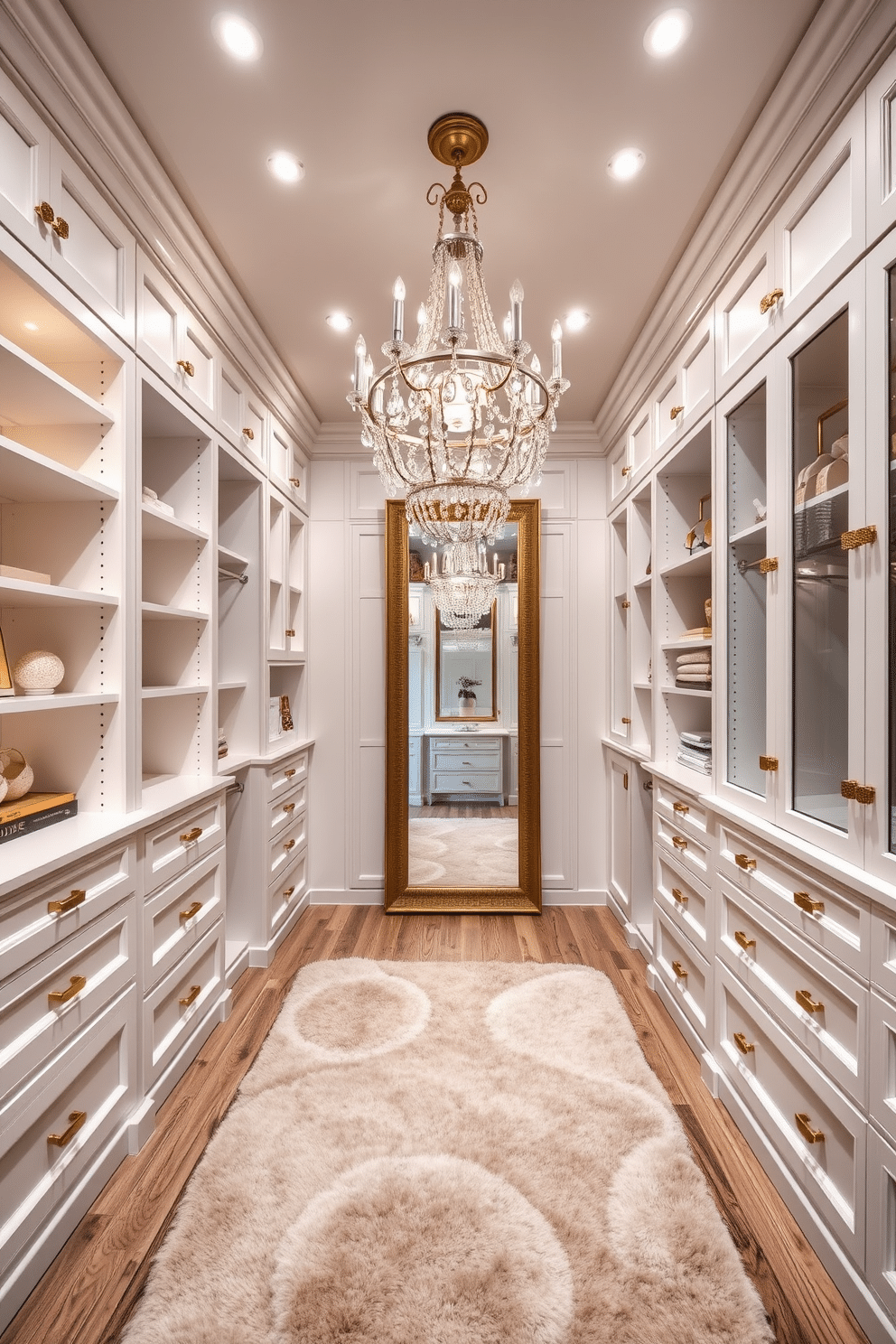 A luxurious women's walk-in closet featuring custom cabinetry that maximizes storage and showcases personalized design elements. The cabinetry includes a mix of open shelves and closed storage, all finished in a soft white with gold hardware, creating an elegant and functional space. The closet is illuminated by recessed lighting and a stunning chandelier, providing both brightness and style. A plush area rug in a neutral tone anchors the space, while a full-length mirror is strategically placed to enhance the sense of openness and sophistication.