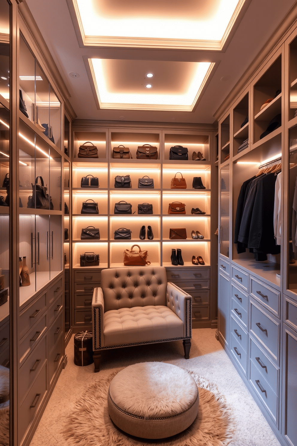 A luxurious women's walk-in closet featuring elegant lighting strips under each shelf to create a warm ambiance. The space includes custom cabinetry with a mix of open and closed storage, showcasing designer handbags and shoes, complemented by a plush seating area in the center.