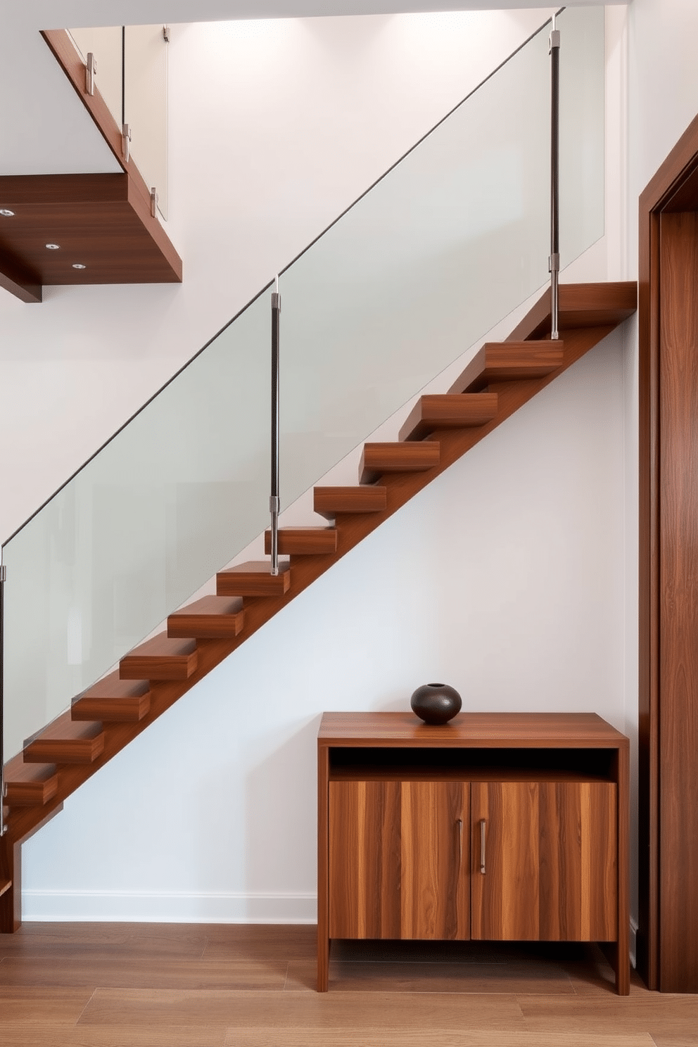 A modern floating wooden staircase design features sleek, minimalist lines that create an airy feel in the space. The treads are crafted from rich, dark wood, seamlessly blending with the surrounding walls, while glass railings provide safety without obstructing the view. The staircase is illuminated by soft, recessed lighting that highlights the natural grain of the wood. Below, a minimalist console table in a complementary wood finish adds functionality and style, enhancing the overall aesthetic of the entryway.