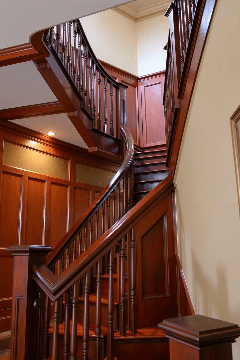 A traditional wooden staircase with intricate wainscoting details ascends gracefully, showcasing rich mahogany tones and polished banisters. The walls are adorned with elegant moldings, and soft lighting highlights the craftsmanship of the staircase, creating a warm and inviting atmosphere.