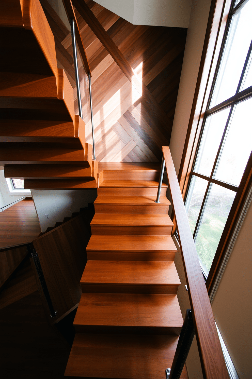 A stunning wooden staircase features a geometric pattern that creates a captivating visual effect. The steps are crafted from rich, dark wood, while the risers showcase a lighter wood in a contrasting geometric design. The handrail is elegantly designed with sleek metal accents that complement the staircase's overall aesthetic. Natural light floods the space through a large window, highlighting the intricate details of the staircase's craftsmanship.