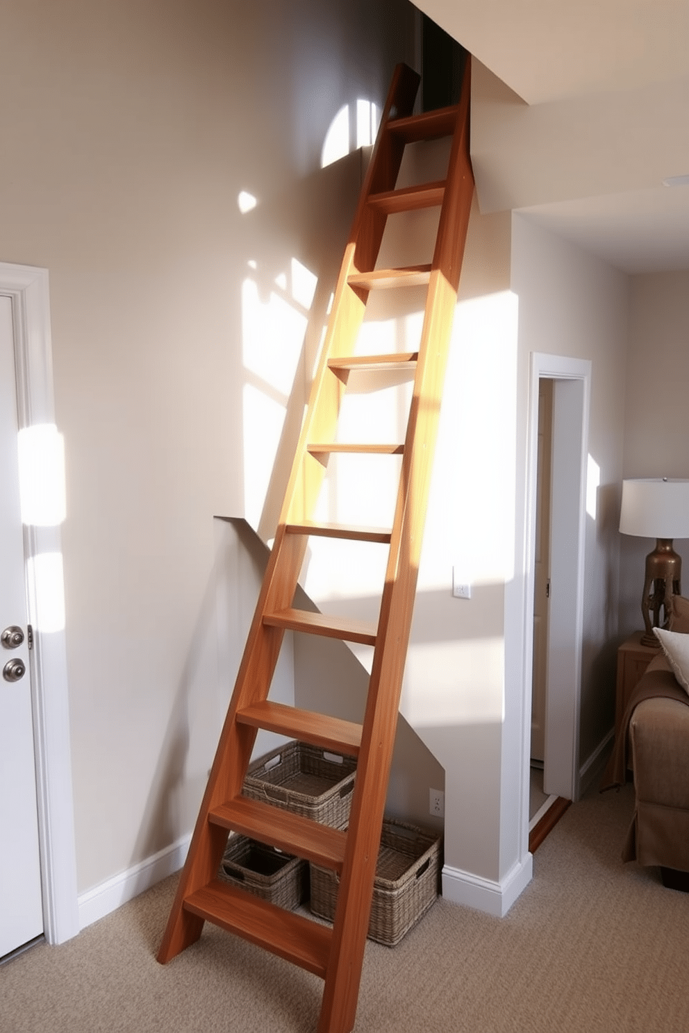 A sleek ladder-style wooden staircase ascends gracefully against a backdrop of soft, neutral walls, maximizing vertical space in a cozy living area. The treads are crafted from rich oak, while the railings feature minimalist metal accents, creating a modern yet warm aesthetic. Natural light filters through a nearby window, casting gentle shadows on the staircase, enhancing its elegant lines. Beneath the stairs, a small nook is designed for storage, showcasing decorative baskets that blend functionality with style.