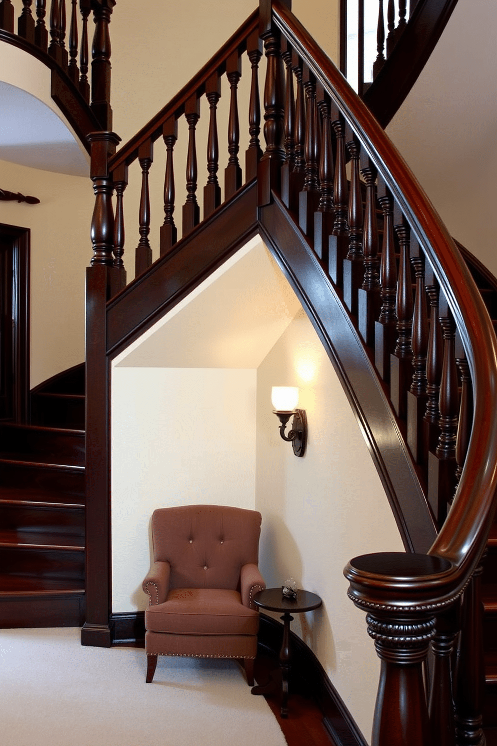 A dark stained wooden staircase ascends gracefully, featuring intricately carved balusters and a polished handrail that enhances its elegance. The steps are wide and inviting, with a rich finish that contrasts beautifully against the soft, neutral walls of the foyer. Beneath the staircase, a cozy nook is created with a plush armchair and a small side table, perfect for reading or relaxation. Soft lighting from a nearby sconce casts a warm glow, highlighting the staircase's craftsmanship and inviting ambiance.