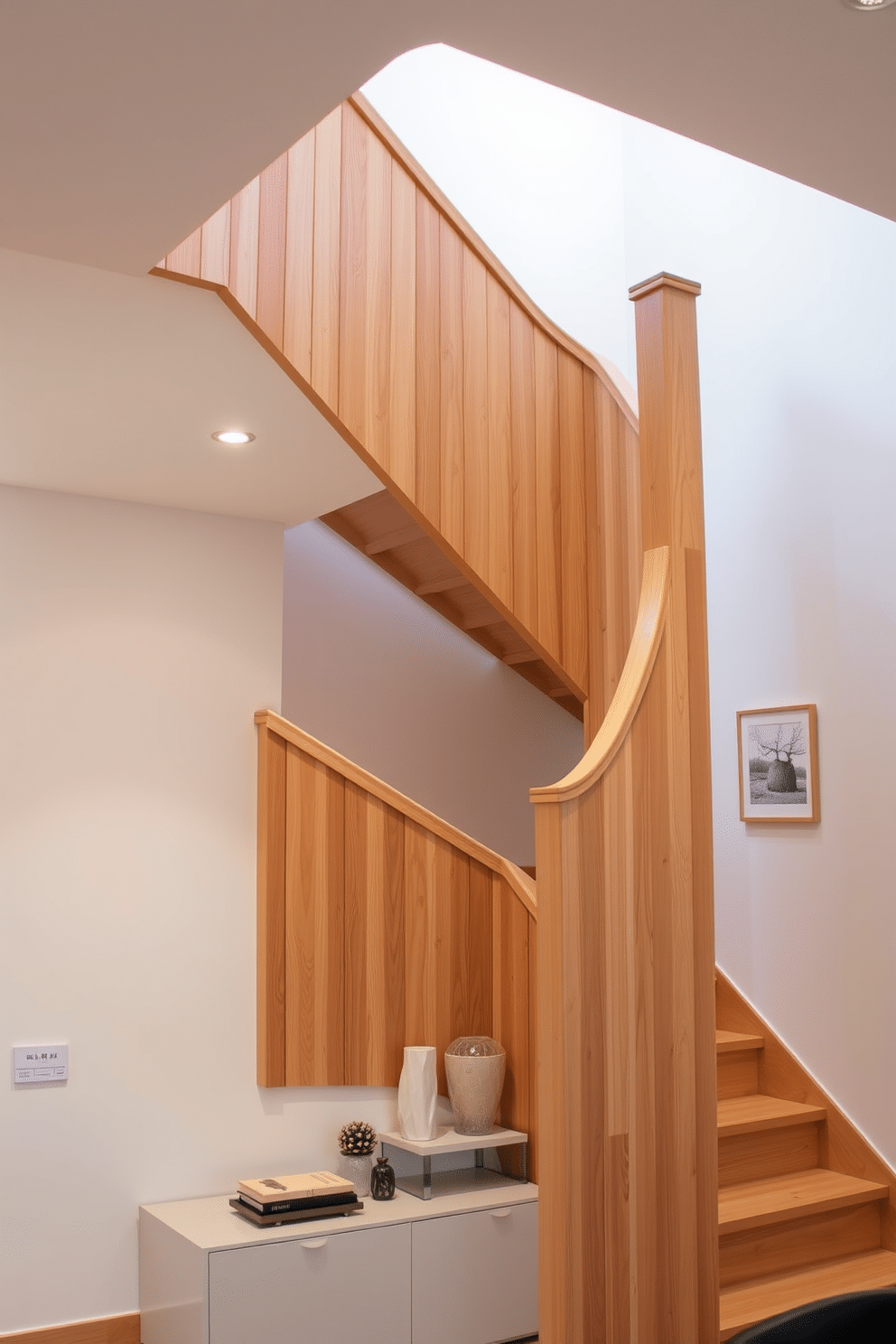 A light oak wooden staircase gracefully curves upwards, showcasing its natural grain and warm tones. The handrail features sleek metal accents that complement the contemporary aesthetic, while the surrounding area is illuminated by soft, recessed lighting. At the base of the staircase, a minimalist console table holds a few carefully chosen decorative items, enhancing the overall design. The walls are adorned with subtle artwork that echoes the staircase's organic feel, creating a harmonious flow throughout the space.