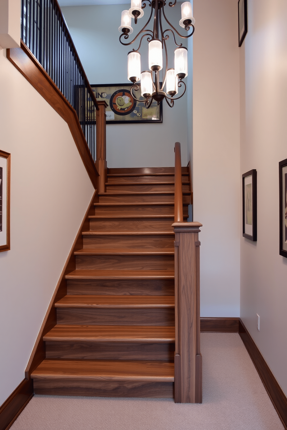 A stunning wooden staircase features contrasting treads and risers, showcasing a rich walnut finish on the treads and a lighter oak hue on the risers. The staircase is illuminated by a modern chandelier above, casting a warm glow on the elegant balustrade crafted from wrought iron. The surrounding walls are adorned with framed artwork, enhancing the sophisticated ambiance of the space. Soft, neutral carpeting runs along the staircase, providing comfort and a touch of luxury underfoot.