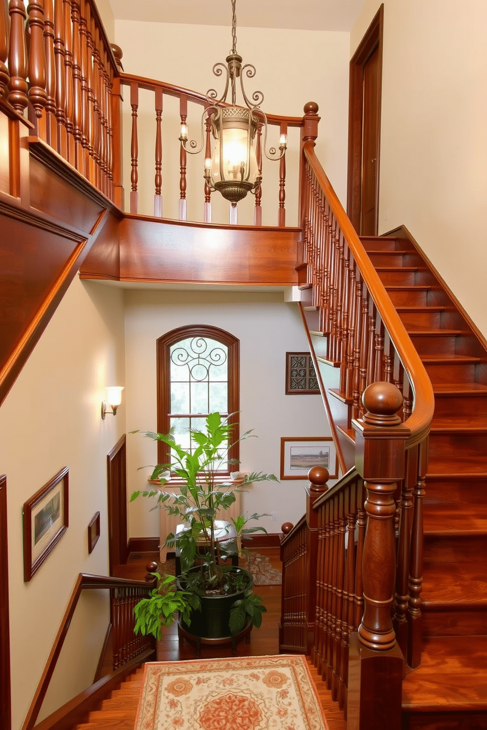 A vintage-style wooden staircase features intricately designed decorative spindles that evoke a sense of timeless elegance. The rich, dark wood of the staircase contrasts beautifully with the soft, neutral tones of the surrounding walls, creating a warm and inviting atmosphere. At the base of the staircase, a plush runner adds a touch of comfort and color, while a vintage chandelier hangs above, casting a soft glow. Potted plants are placed strategically on the landing, enhancing the natural beauty of the space and inviting the eye to explore further.