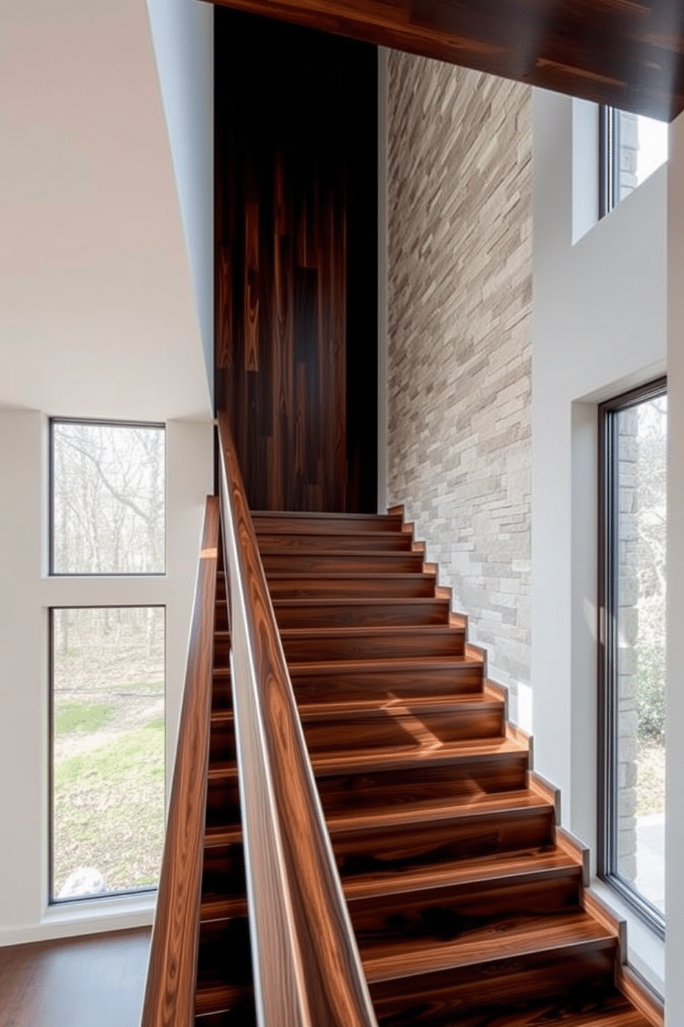 A stunning staircase design featuring a combination of rich, dark wood and natural stone elements. The wooden steps are complemented by a sleek stone wall, creating a harmonious blend of textures and materials. The handrail is crafted from polished wood, adding warmth to the modern aesthetic. Large windows flank the staircase, allowing natural light to illuminate the space and highlight the craftsmanship of the design.