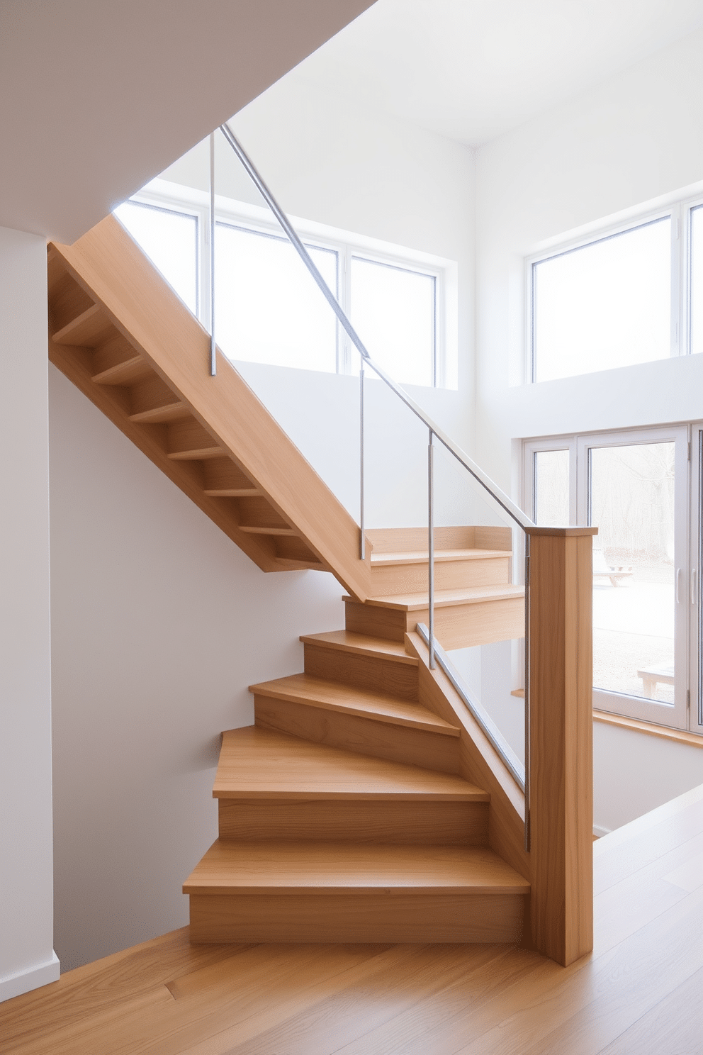 A Scandinavian-inspired wooden staircase features clean lines and a minimalist design. The steps are crafted from light oak, enhancing the natural warmth of the space, while the railing is a simple, sleek metal that complements the wood. Natural light floods the area through large windows, illuminating the staircase and creating an inviting atmosphere. The surrounding walls are painted in a soft white, emphasizing the staircase's simplicity and elegance.