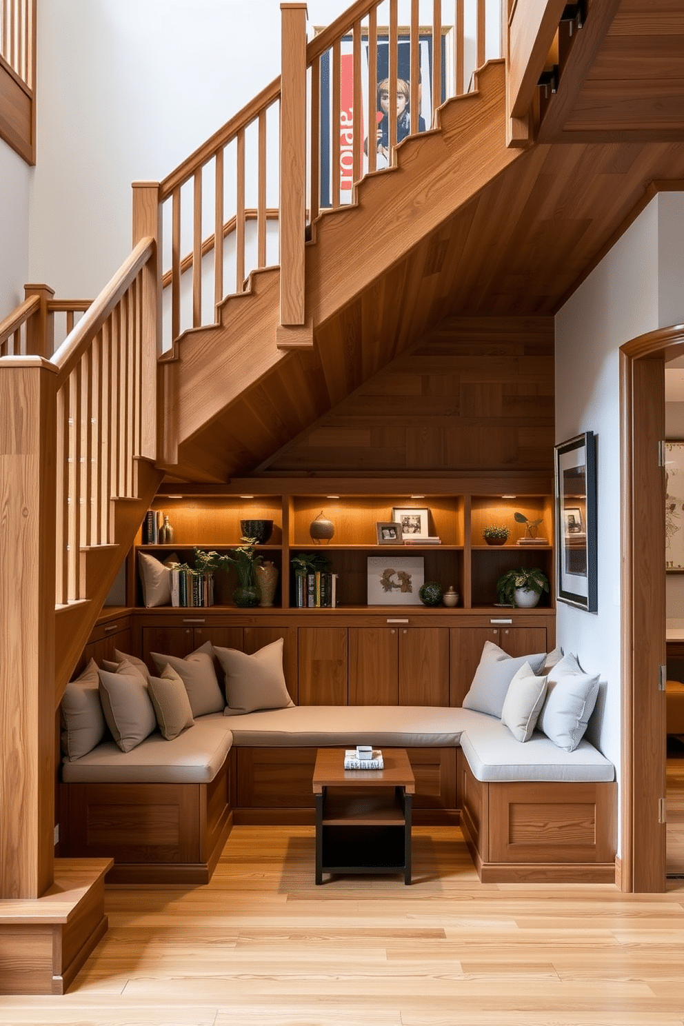 A stunning wooden staircase features integrated seating that seamlessly blends functionality with elegance. The staircase is crafted from rich oak, with a smooth finish, and the seating area is adorned with plush cushions in a complementary color palette. Beneath the staircase, a cozy nook with built-in bookshelves invites relaxation, surrounded by soft lighting that highlights the natural wood grain. The space is enhanced by decorative elements such as potted plants and artwork that reflect a warm, inviting atmosphere.