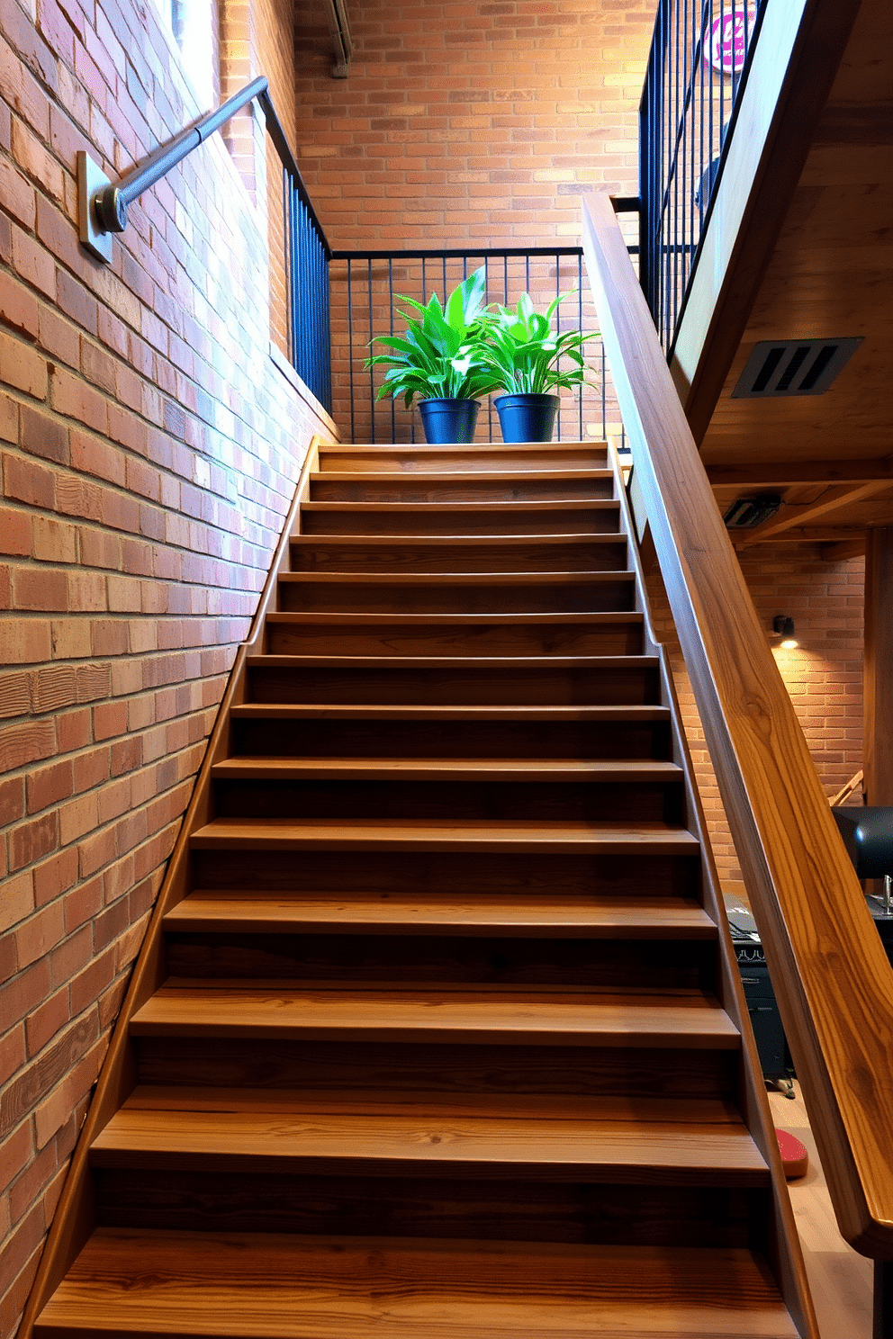 A rustic reclaimed wood staircase features a sturdy railing crafted from wrought iron, providing both safety and an industrial touch. The steps are wide and inviting, showcasing the natural grain and texture of the wood, while warm lighting highlights the staircase's organic beauty. The staircase is set against a backdrop of exposed brick walls, enhancing the rustic charm of the space. Potted plants are strategically placed on the landing, adding a touch of greenery and life to the overall design.