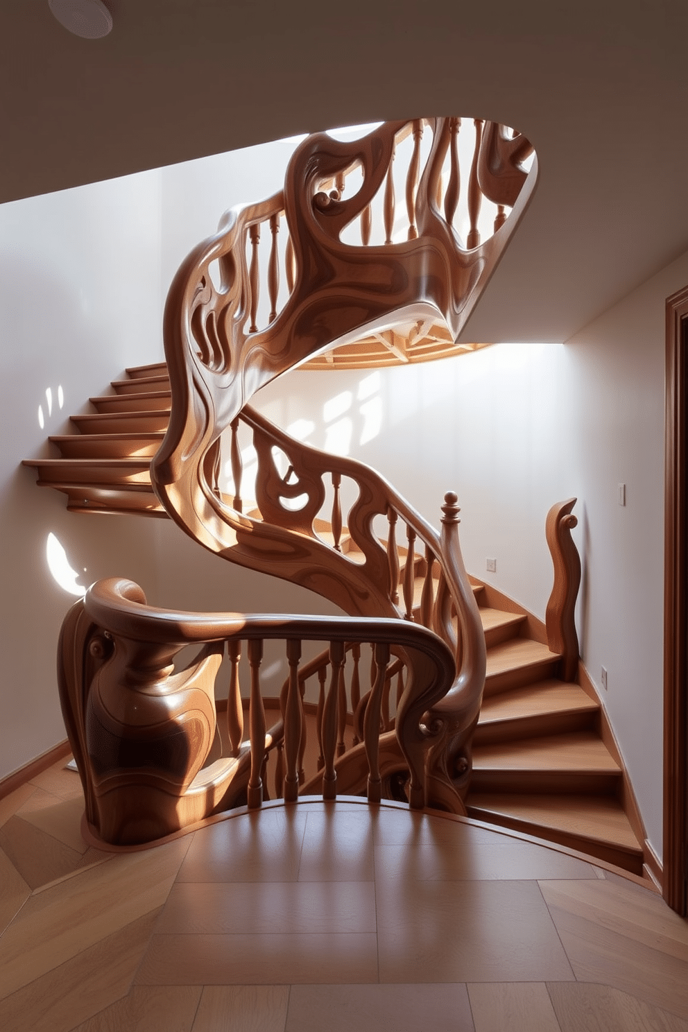 Artistic wooden staircase featuring sculptural elements that seamlessly blend functionality with aesthetic appeal. The staircase showcases a unique design with flowing curves and intricate carvings, complemented by a rich wood finish that enhances its organic beauty. The balustrade consists of elegantly shaped wooden spindles, creating a sense of openness while maintaining safety. Soft, ambient lighting highlights the staircase's artistic features, casting gentle shadows that add depth and warmth to the surrounding space.