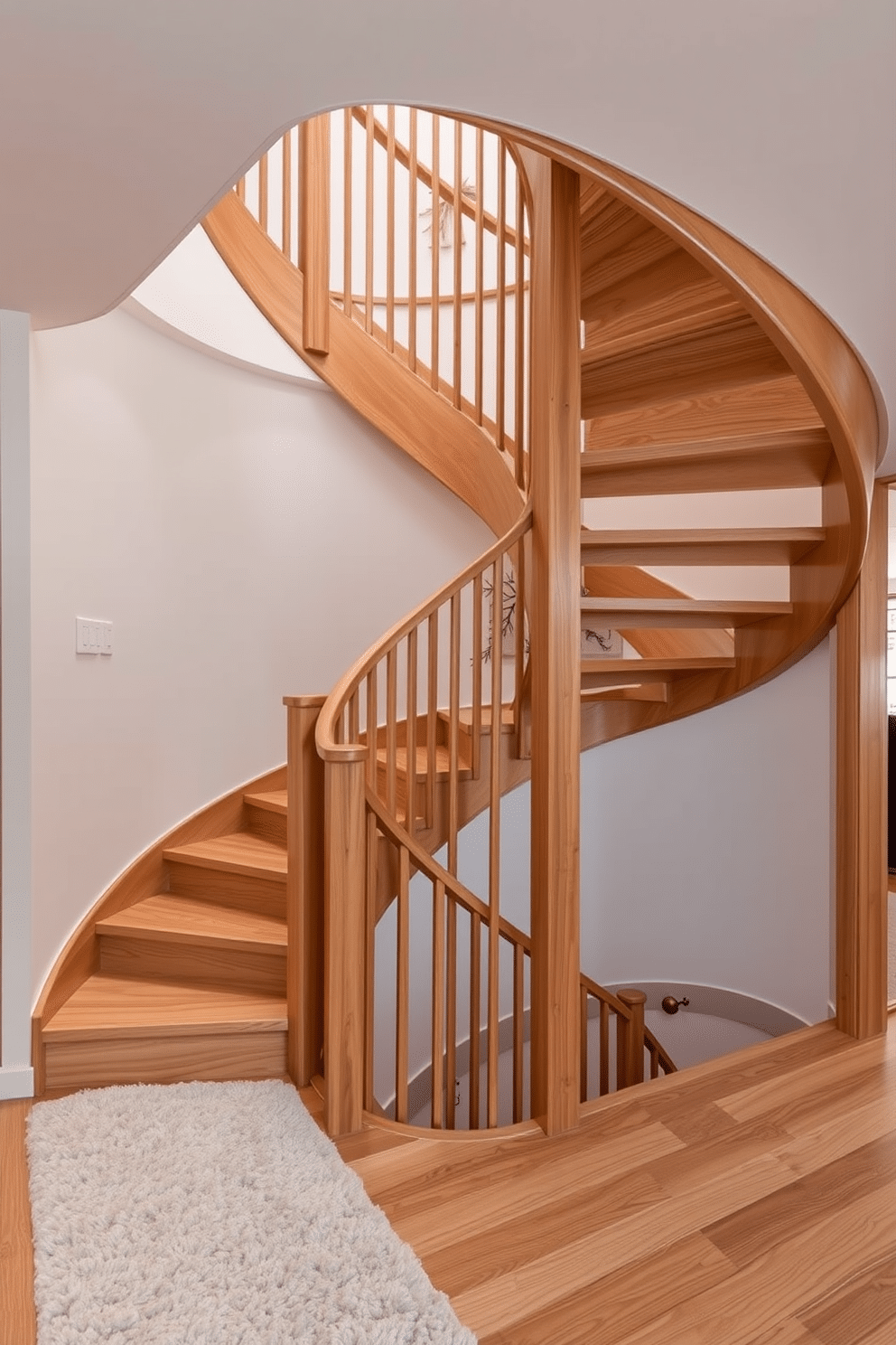 A stunning wooden staircase with a natural finish gracefully spirals upwards, showcasing the rich grain and texture of the wood. The handrail features elegant curves, complementing the overall organic aesthetic of the space. The staircase is illuminated by soft, recessed lighting that highlights its craftsmanship, while the surrounding walls are adorned with minimalist artwork. A plush runner rug in a neutral tone adds warmth and comfort underfoot, enhancing the inviting atmosphere of the home.