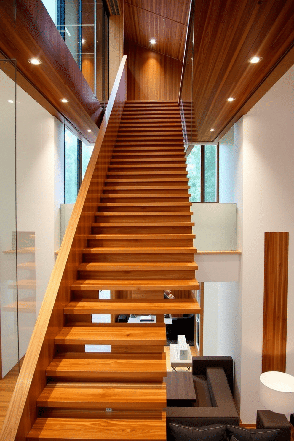 An open-concept wooden staircase elegantly ascends to the upper level, featuring a sleek, minimalist design that showcases the natural grain of the wood. Large glass panels flank the staircase, allowing for an unobstructed view of the surrounding space and enhancing the sense of openness. The staircase is illuminated by strategically placed recessed lighting, highlighting the craftsmanship of the wooden steps. Below, a cozy seating area with contemporary furnishings complements the staircase, creating a harmonious flow between the levels.