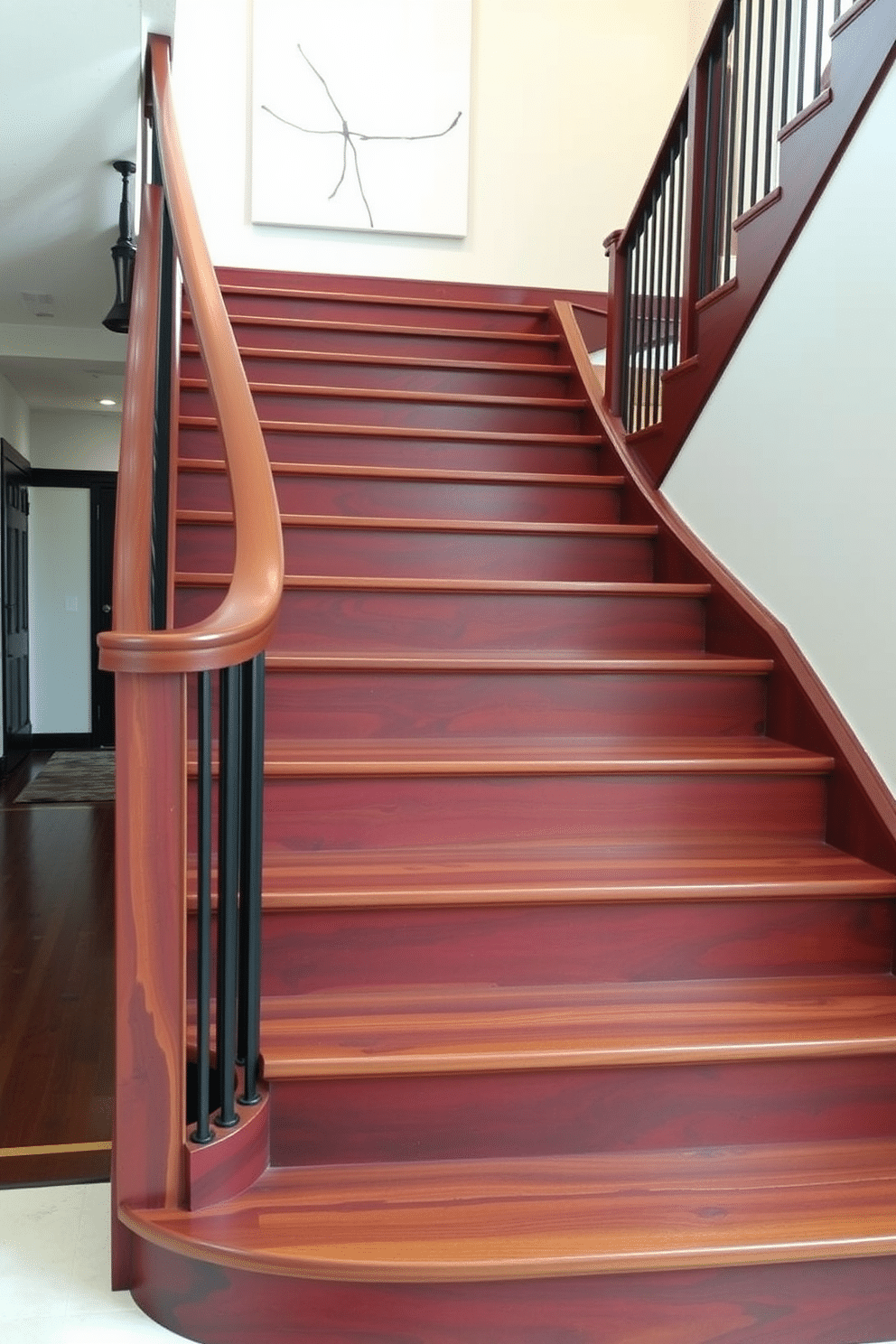 A striking wooden staircase with a bold color stain, showcasing rich hues that enhance the grain of the wood. The staircase features sleek, modern railings that complement its contemporary design, creating a stunning focal point in the entryway. The treads are wide and inviting, leading to an upper landing adorned with a minimalist artwork that echoes the staircase's vibrant tones. Soft, ambient lighting highlights the staircase's curves, enhancing its dramatic presence in the home.