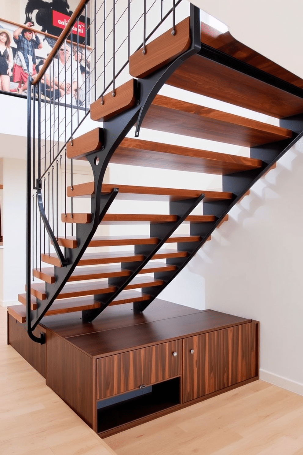 A stunning floating wooden staircase is gracefully suspended in the air, showcasing unique metal supports that blend modernity with warmth. The treads are crafted from rich, dark wood, contrasting beautifully with the light-filled space surrounding it, enhancing the sense of openness. Beneath the staircase, a minimalist design features a sleek, built-in storage solution, seamlessly integrating functionality with aesthetics. The walls are adorned with contemporary artwork, adding a touch of personality and vibrancy to the overall design.