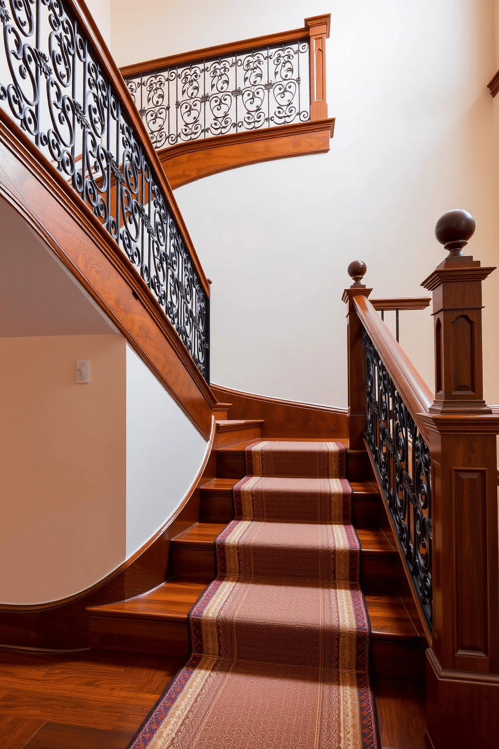 A stunning wooden staircase features intricate metalwork details, showcasing a blend of craftsmanship and elegance. The balustrade is adorned with ornate patterns, while the treads are polished to a rich sheen, reflecting the ambient light. The staircase is set against a backdrop of soft, neutral walls that enhance its grandeur. A stylish runner carpet in a subtle geometric design adds warmth and texture, inviting guests to ascend in comfort.