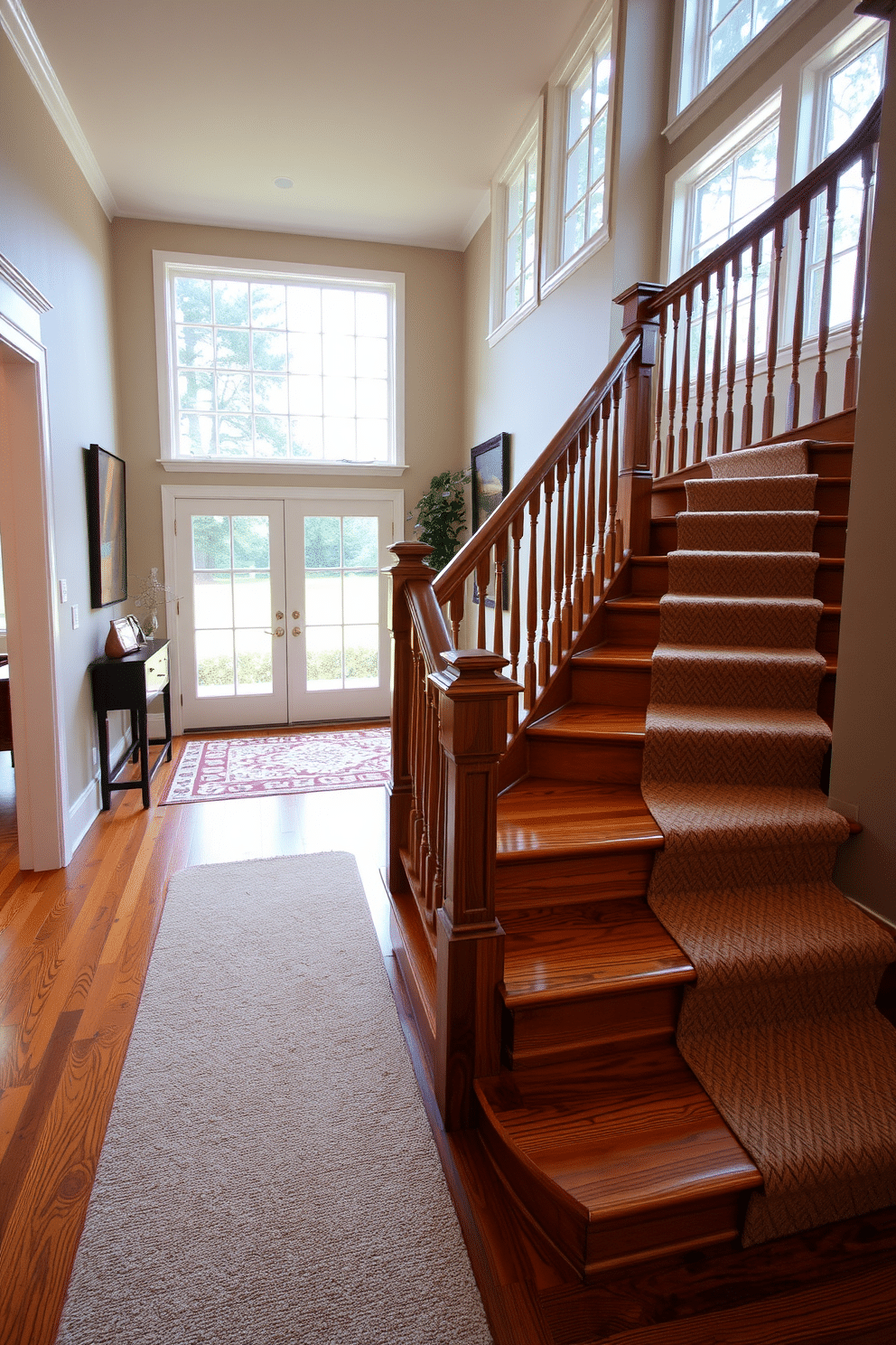 A wide wooden staircase features a plush runner carpet that adds warmth and texture. The handrails are elegantly crafted, showcasing intricate details that complement the rich wood tones of the steps. Natural light floods the space through large windows, illuminating the staircase and highlighting the grain of the wood. The surrounding walls are adorned with art pieces that enhance the overall aesthetic of the entryway.