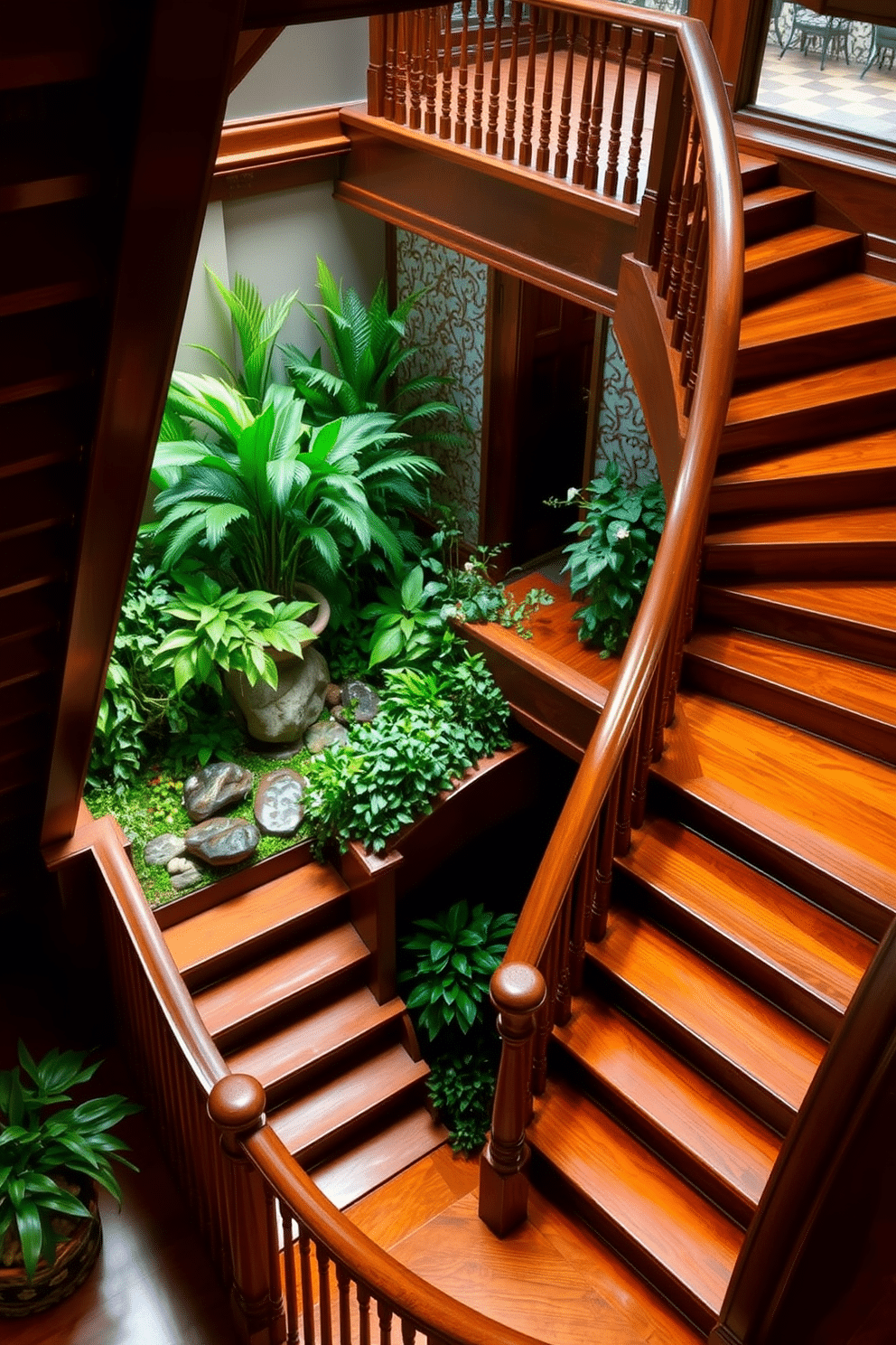 A stunning wooden staircase gracefully ascends, featuring a spacious landing adorned with a lush garden. The landing is filled with vibrant greenery, complemented by decorative stones and soft lighting that enhances the natural beauty of the space.