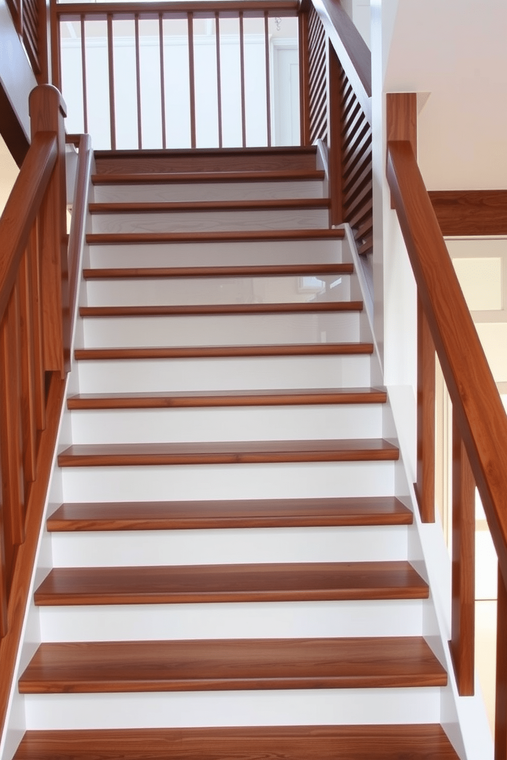 A transitional wooden staircase seamlessly blends traditional and modern design elements. The staircase features rich, dark wood treads paired with sleek, white risers, creating a striking contrast. The balustrade consists of horizontal wooden slats that add a contemporary touch while maintaining an open feel. Soft, ambient lighting is integrated into the staircase, highlighting the natural grain of the wood and enhancing the overall aesthetic.