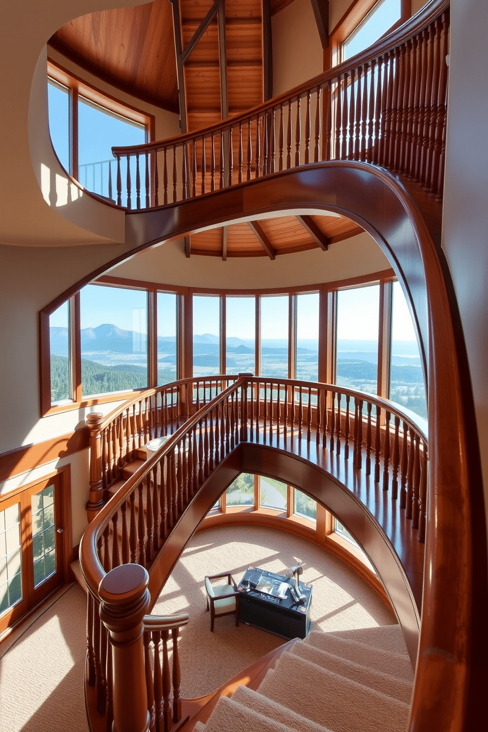 A stunning wooden staircase elegantly curves upwards, crafted from rich mahogany with intricate balustrades that showcase craftsmanship. A panoramic window floods the space with natural light, offering breathtaking views of the surrounding landscape. The staircase is adorned with a plush runner in a neutral tone, complementing the warmth of the wood. Below, a small seating area with contemporary furniture invites relaxation, framed by the staircase's graceful lines.