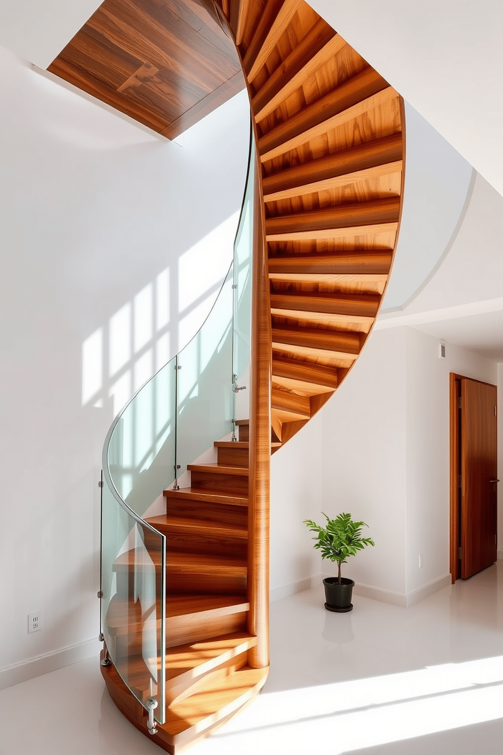 A stunning spiral wooden staircase features a sleek glass balustrade that enhances its modern elegance. The rich, warm tones of the wood contrast beautifully with the transparent glass, creating a striking visual appeal. The staircase gracefully spirals upwards, inviting natural light to filter through the open design. Below, a minimalist area showcases a small potted plant, adding a touch of greenery to the sophisticated space.