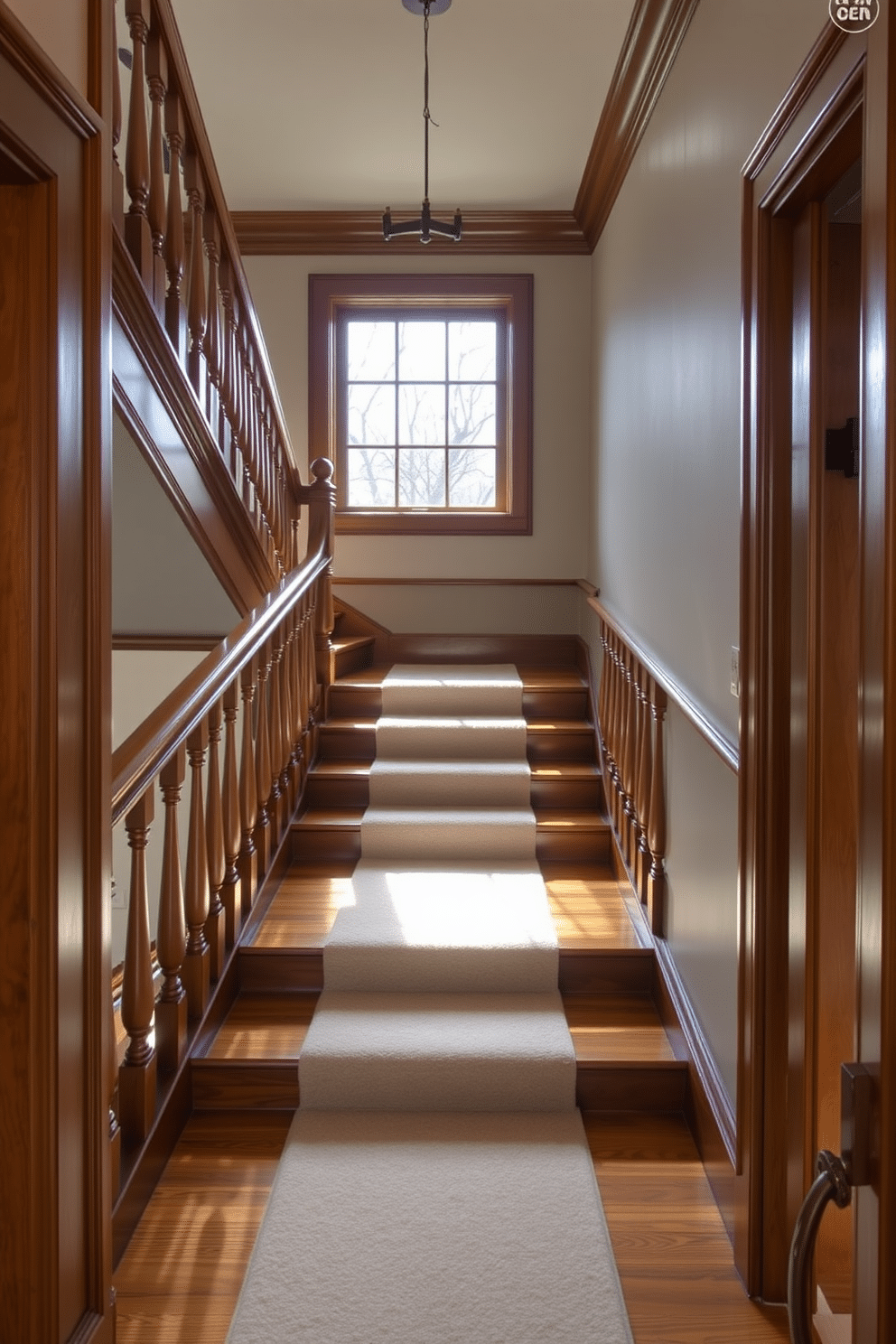 An elegant wooden staircase features intricate crown molding that adds a touch of sophistication to the space. The balusters are delicately carved, complementing the rich wood tones of the staircase and enhancing the overall grandeur of the entryway. Natural light filters through a large window, casting beautiful shadows on the polished wooden steps. A plush runner in a soft neutral tone runs down the center, providing comfort and style while highlighting the staircase's elegant design.