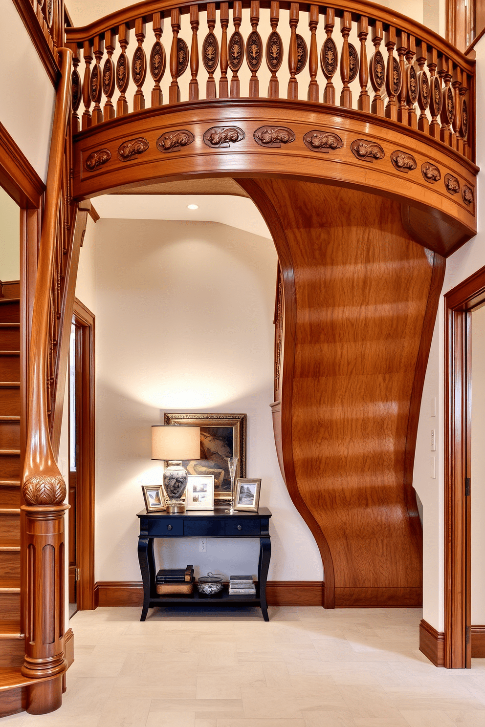 A stunning curved wooden staircase showcases intricate carvings along its banister and risers, adding a touch of elegance to the space. The warm wood tones contrast beautifully with the surrounding light-colored walls, creating a welcoming atmosphere. Beneath the staircase, a small nook features a decorative console table adorned with a stylish lamp and a few curated art pieces. Soft, ambient lighting highlights the craftsmanship of the staircase, making it a focal point of the interior design.