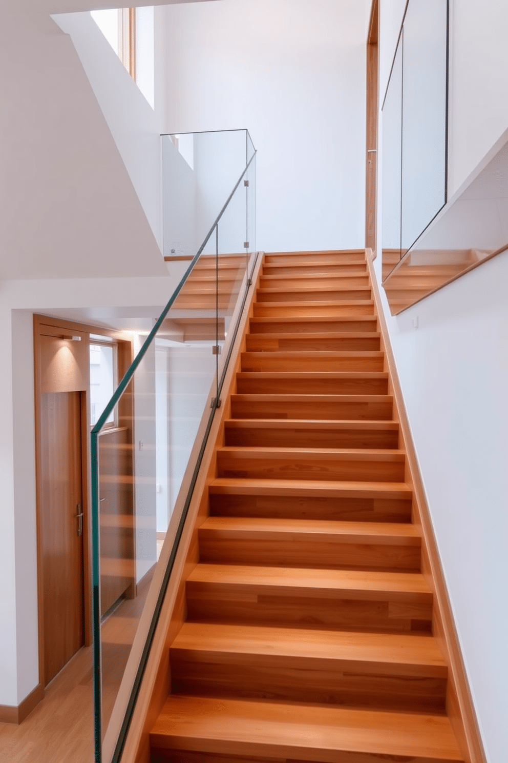 A minimalist wooden staircase features open risers that create a sense of lightness and space. The sleek design is complemented by natural wood finishes, enhancing the warmth of the surrounding area. The staircase is framed by a glass railing that adds a modern touch while maintaining an unobstructed view. Soft, ambient lighting illuminates the steps, creating a welcoming atmosphere in the home.