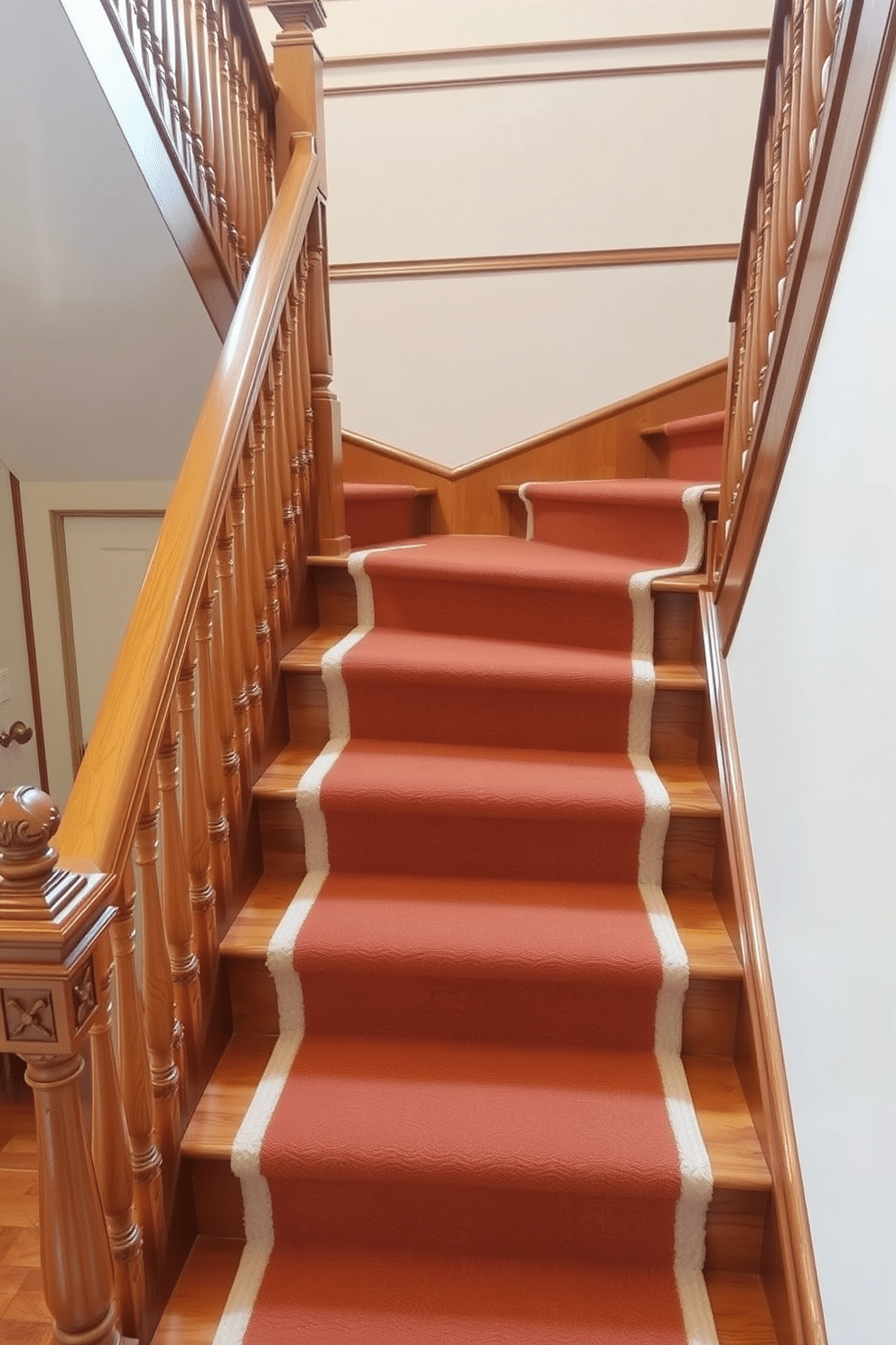 A classic wooden staircase features an ornate banister with intricate carvings and a polished finish that gleams in the light. The steps are wide and gracefully curved, showcasing rich wood grain, while a plush runner adds warmth and texture to the design.