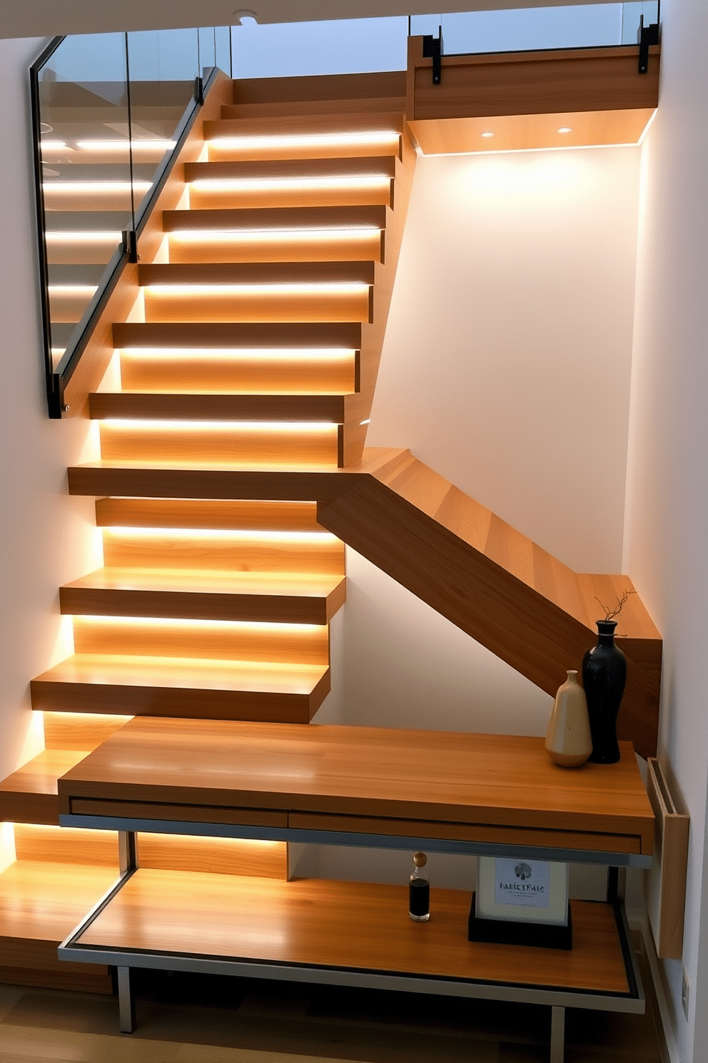 A contemporary wooden staircase featuring sleek lines and a minimalist design. The steps are crafted from rich oak, illuminated by subtle LED strip lighting along the risers, creating a warm and inviting atmosphere. The staircase is complemented by a glass railing that enhances the open feel of the space. Below, a stylish console table showcases decorative items, adding a touch of personality to the area.