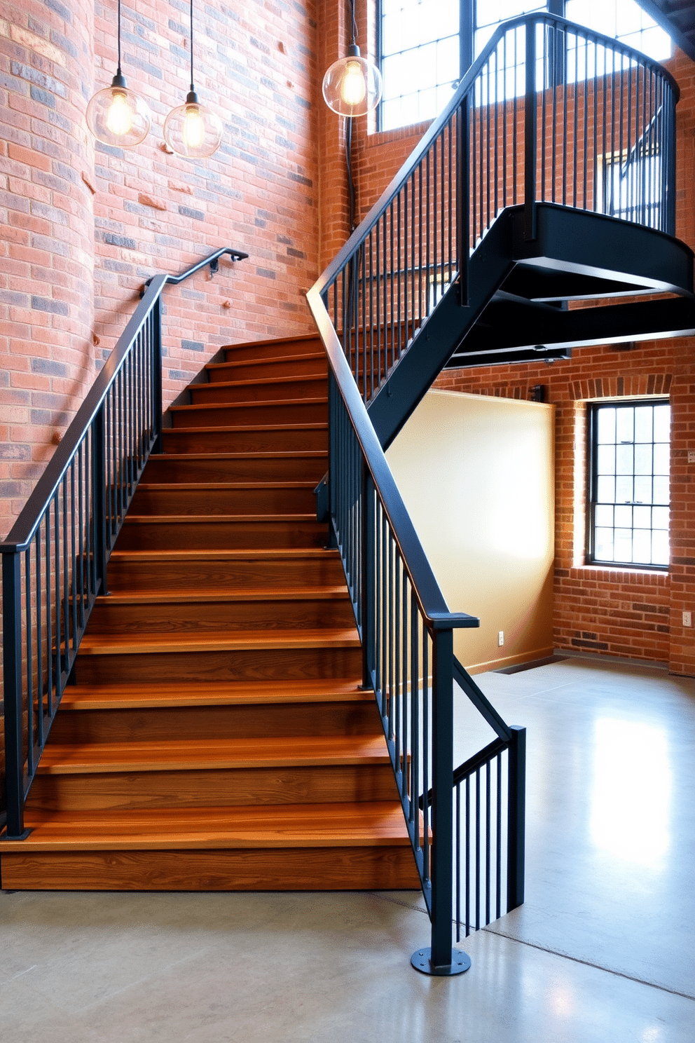 A striking industrial-style wooden staircase features rich, dark wood treads and risers, complemented by sleek metal railings that add an edgy contrast. The staircase is illuminated by pendant lights that hang from the ceiling, casting a warm glow on the natural wood grain. Surrounding the staircase, exposed brick walls enhance the industrial aesthetic, while large windows allow natural light to flood the space. The floor below showcases polished concrete, providing a modern foundation that balances the warmth of the wood and the coolness of the metal accents.