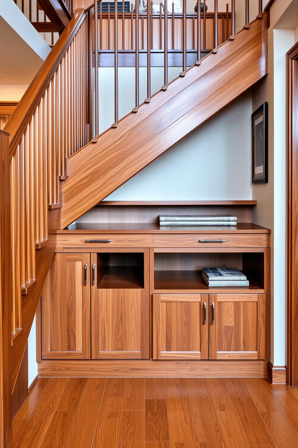 A stunning wooden staircase features sleek lines and an elegant design, seamlessly integrating built-in storage solutions beneath the steps. The warm tones of the wood complement the surrounding decor, while stylish cabinetry provides practical storage without compromising aesthetics.