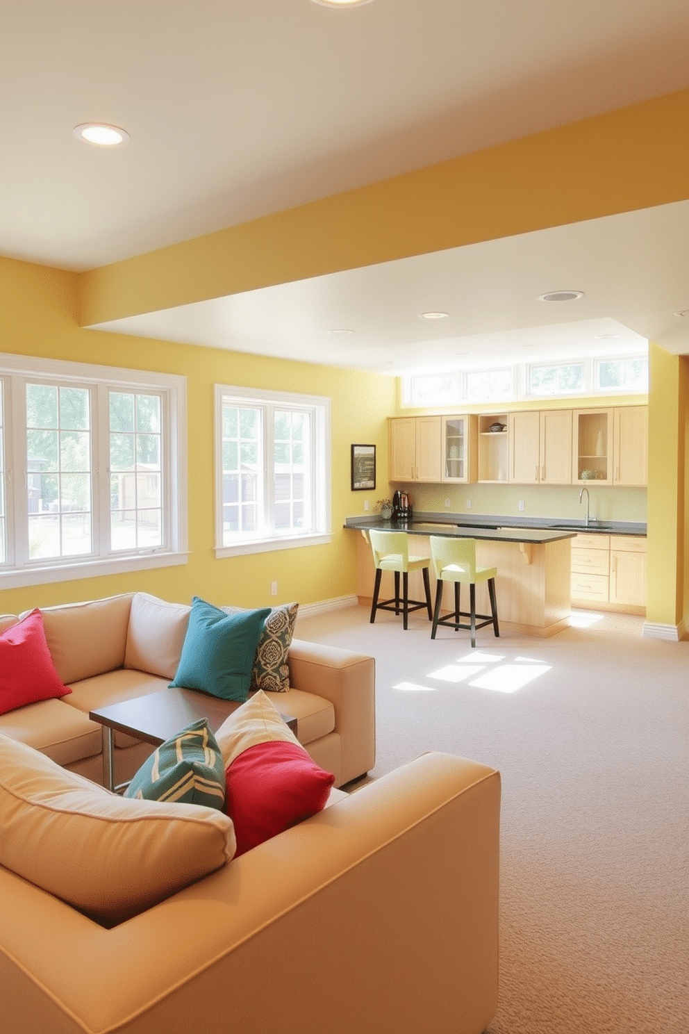 A bright and inviting basement space featuring walls painted in soft pastel yellow, creating a cheerful atmosphere. The room includes a cozy seating area with a plush sectional sofa and colorful throw pillows that complement the wall color. In one corner, a small bar area showcases light wood cabinetry and stylish bar stools, perfect for entertaining. Large windows allow natural light to flood the space, enhancing the overall brightness and warmth of the design.