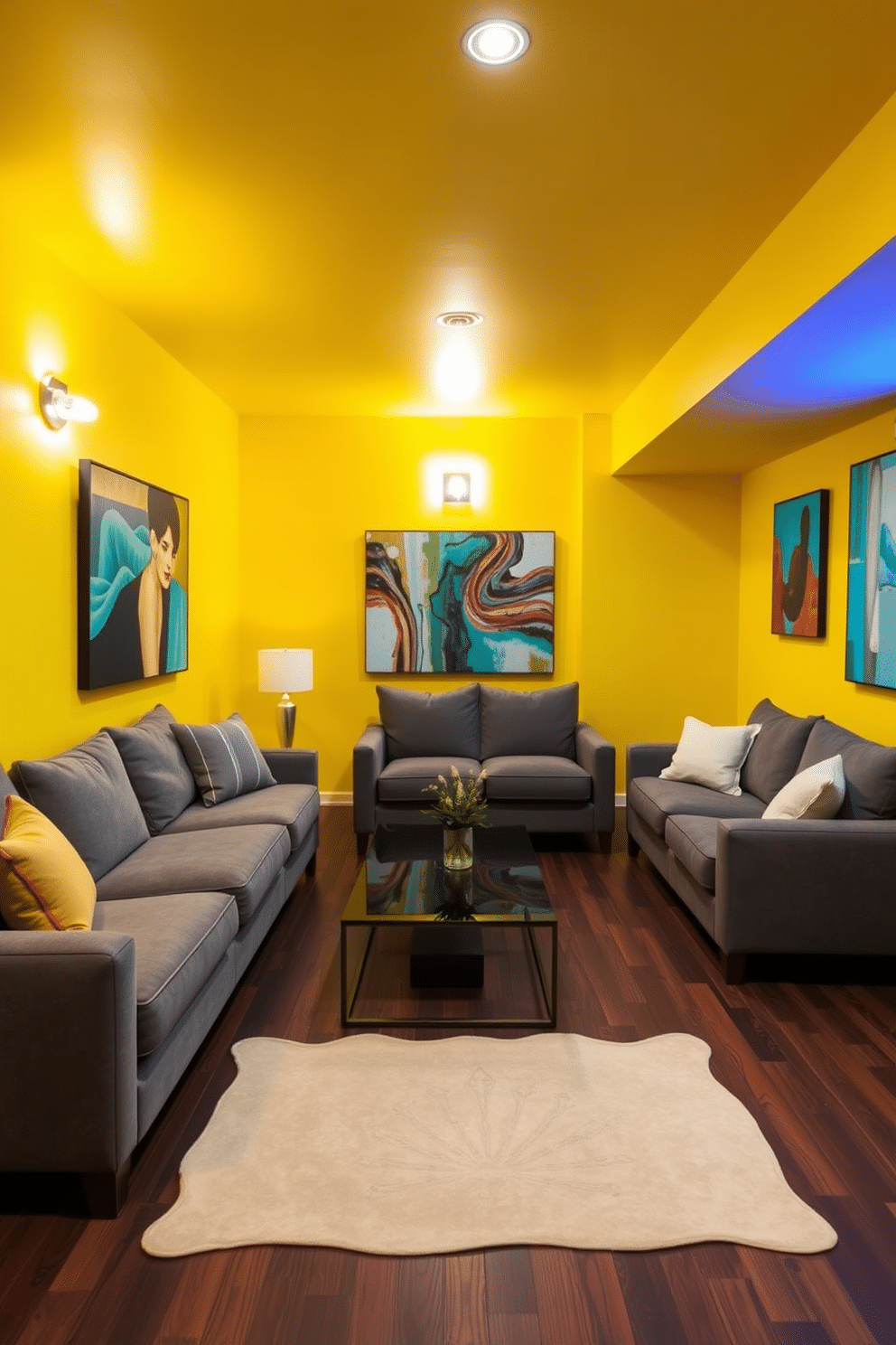 A striking feature wall painted in bold yellow serves as the focal point of the basement, infusing the space with energy and warmth. Complementing the vibrant wall, the basement features a cozy seating area with plush gray sofas and a sleek coffee table, creating an inviting atmosphere for relaxation and entertainment. The flooring is a rich dark wood, adding depth and contrast to the bright yellow. Soft ambient lighting fixtures are strategically placed to enhance the room's inviting feel, while colorful artwork adorns the walls, tying the design together.