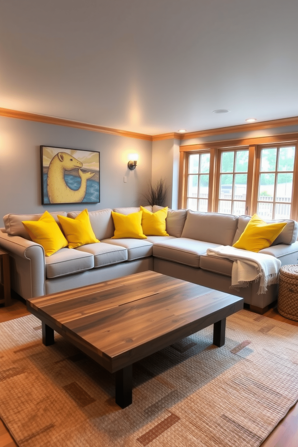 A cozy basement living area featuring a plush sofa adorned with bright yellow throw pillows that add a pop of color. The walls are painted in a soft gray, complemented by warm wood accents and ambient lighting for a welcoming atmosphere. Incorporate a stylish coffee table made of reclaimed wood at the center, surrounded by a textured area rug that ties the space together. Large windows allow natural light to flood in, creating an inviting and cheerful environment perfect for relaxation and entertainment.