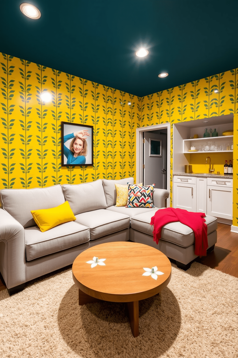 A vibrant yellow wallpaper adorns the walls of the basement, creating a cheerful and playful atmosphere. The space features a cozy seating area with a plush, light gray sectional sofa and colorful throw pillows that complement the wallpaper. In one corner, a small bar area is designed with sleek white cabinetry and brass accents, perfect for entertaining guests. A round coffee table in a natural wood finish sits atop a soft, textured area rug, adding warmth to the playful design.