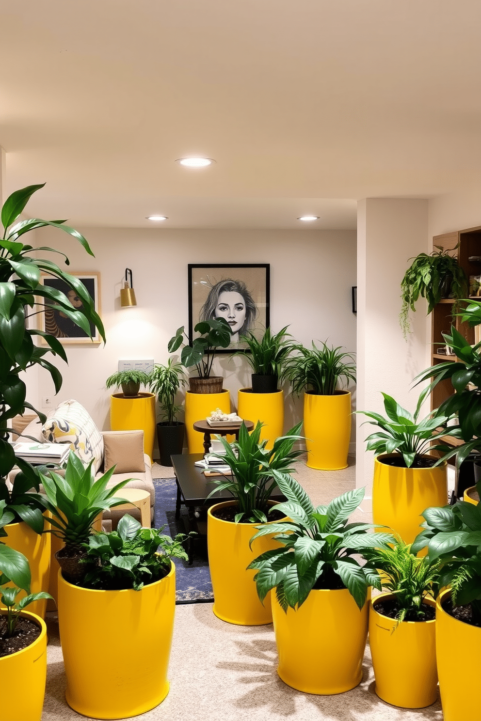 A stylish yellow basement featuring vibrant yellow planters filled with lush indoor plants, creating a lively and inviting atmosphere. The space is designed with comfortable seating, soft lighting, and a mix of modern and rustic decor elements that enhance the cozy feel.