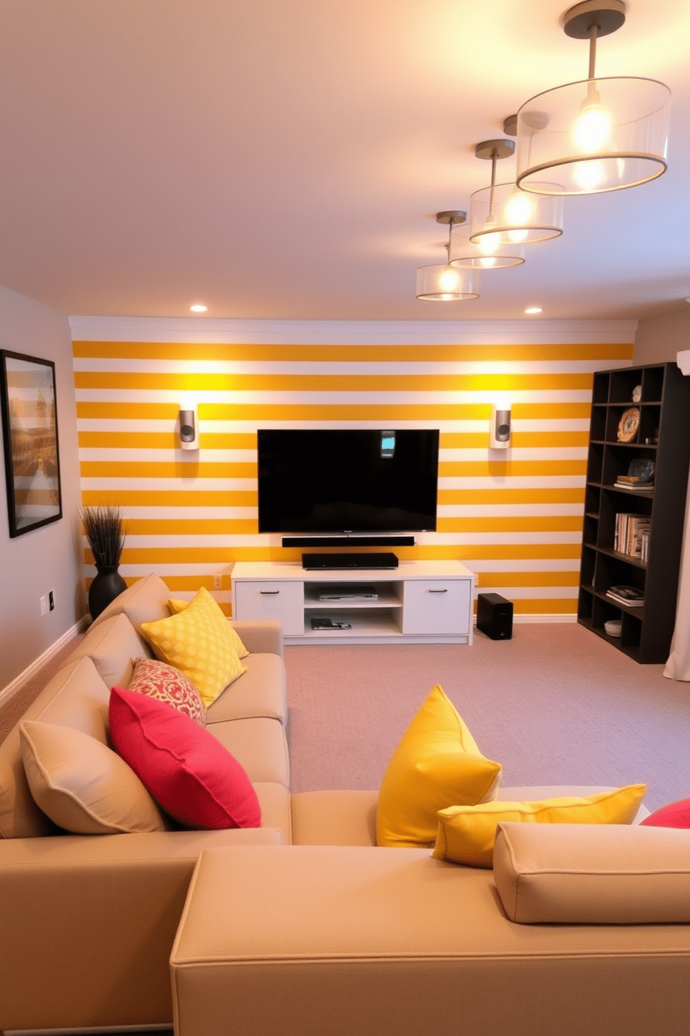 Create a vibrant basement space featuring a yellow accent wall adorned with bold, horizontal stripes. The room is furnished with a cozy sectional sofa in a neutral tone, complemented by colorful throw pillows that echo the yellow hues. Incorporate a sleek entertainment center against the striped wall, showcasing a large flat-screen TV and decorative shelving. Soft, ambient lighting fixtures hang from the ceiling, creating a warm and inviting atmosphere perfect for relaxation and entertainment.