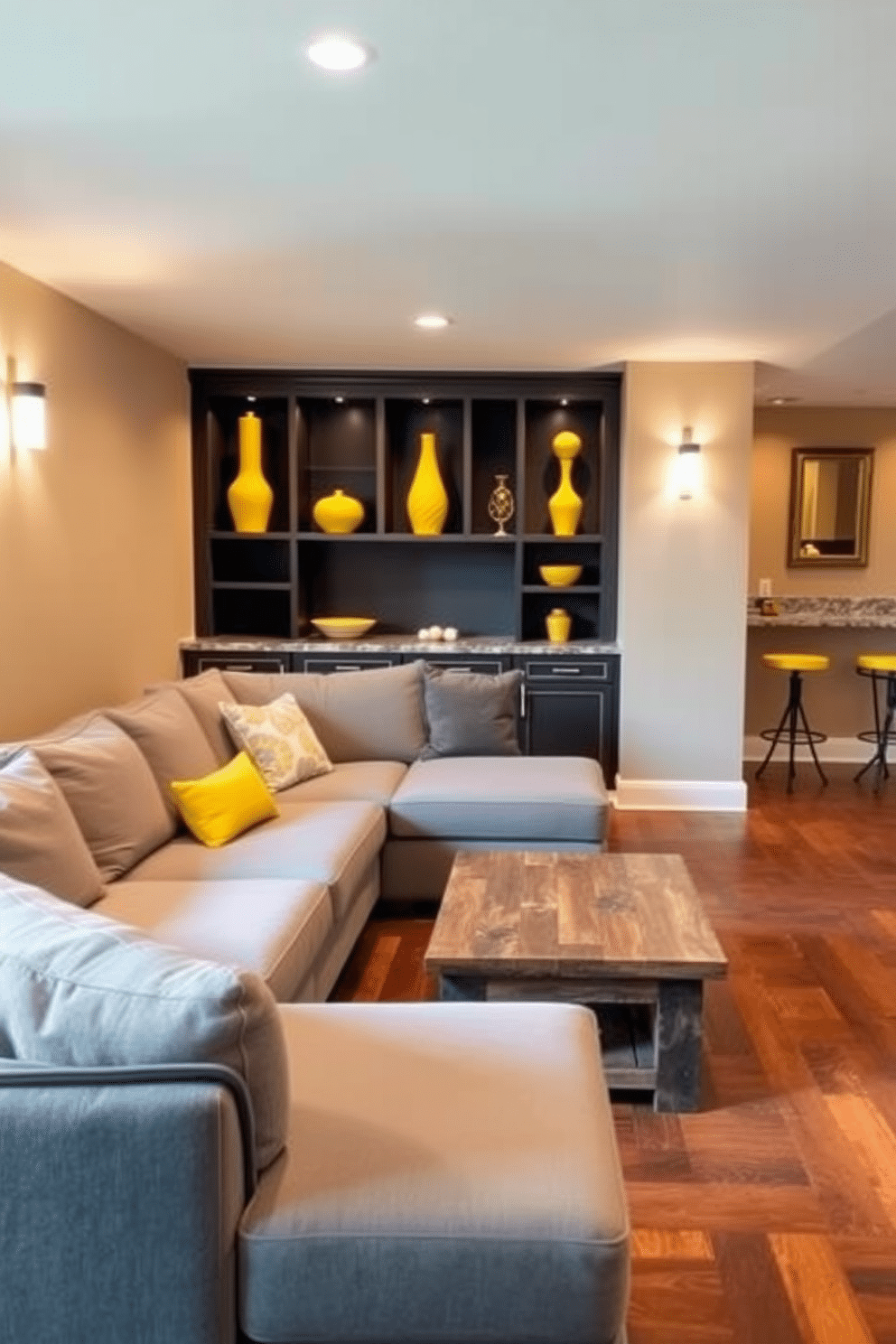 A cozy basement retreat designed for relaxation and entertainment. The space features a plush sectional sofa in a soft gray fabric, paired with a sleek coffee table made of reclaimed wood. Bright yellow decorative vases are strategically placed on the shelves, adding a vibrant pop of color to the neutral palette. The walls are painted in a warm beige, complemented by warm lighting fixtures that create an inviting atmosphere. In one corner, a small wet bar with bar stools offers a perfect spot for casual gatherings. The flooring is a rich hardwood, enhancing the warmth of the space while providing a stylish contrast to the yellow accents.