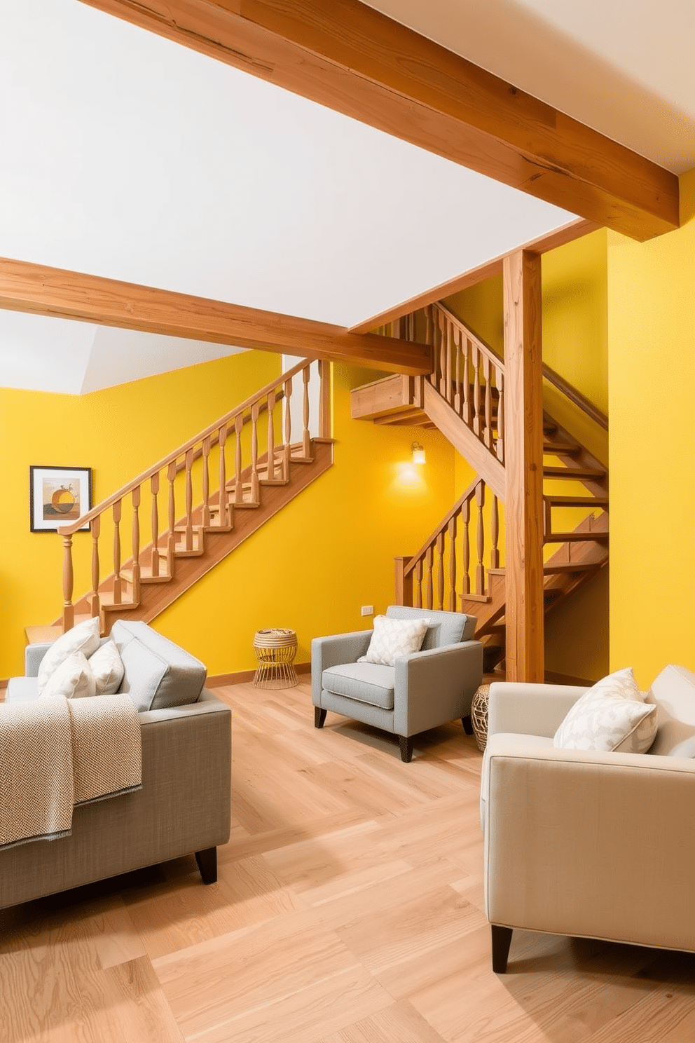 A vibrant basement design featuring yellow walls that bring warmth and brightness to the space. Natural wood elements, including exposed beams and a wooden staircase, create a harmonious contrast, enhancing the inviting atmosphere. The flooring consists of light oak planks that complement the yellow tones beautifully. Furnishings in soft gray and white, paired with cozy textiles, provide comfort while maintaining a modern aesthetic.